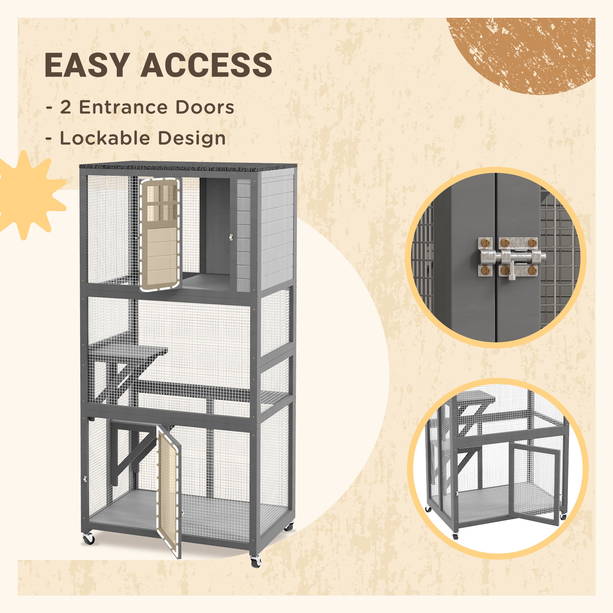 PawHut 74" Wooden Outdoor Cat House Weatherproof & Wheeled, Catio Outdoor Cat Enclosure with High Weight Capacity, Kitten Cage Condo, Light Grey