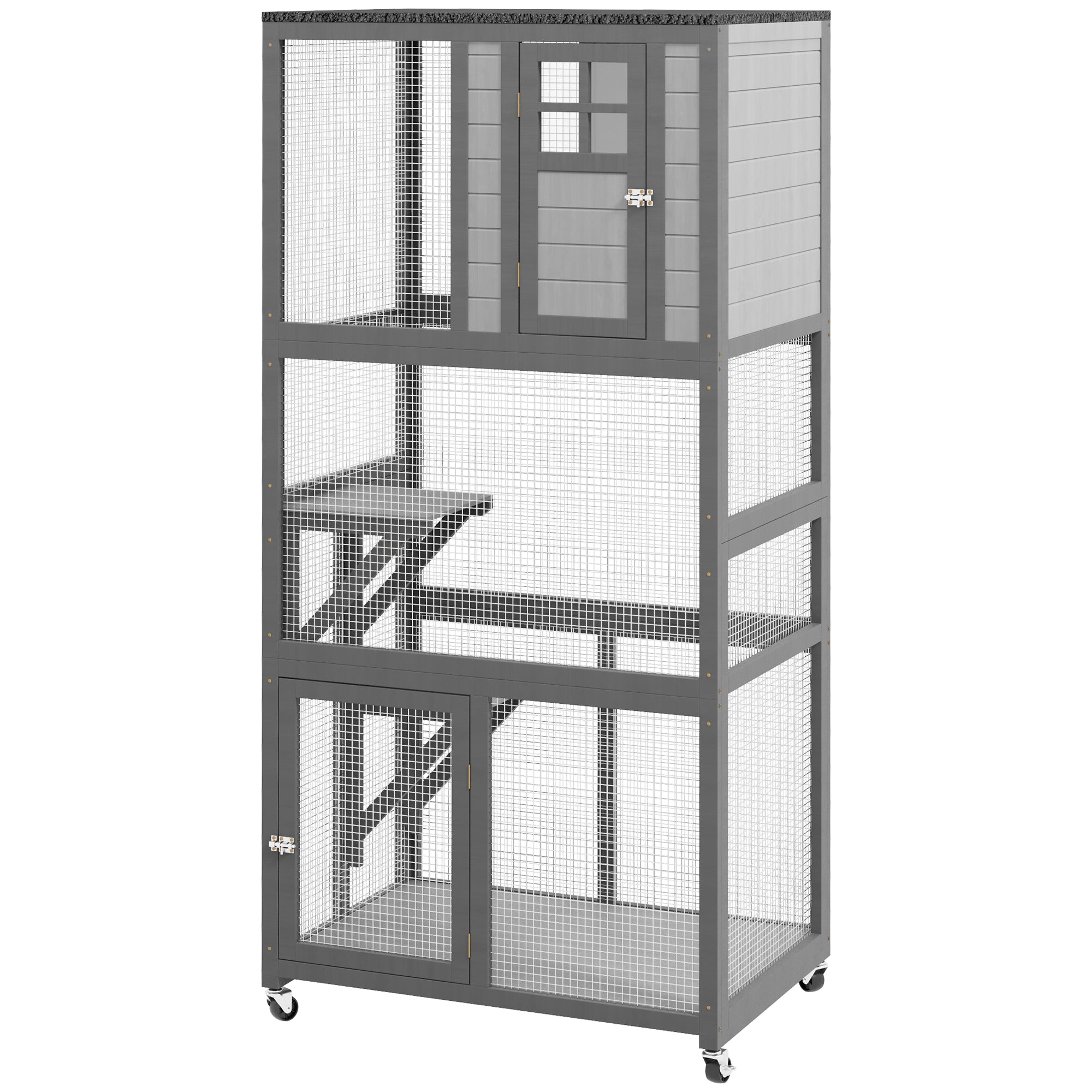 PawHut 74" Wooden Outdoor Cat House Weatherproof & Wheeled, Catio Outdoor Cat Enclosure with High Weight Capacity, Kitten Cage Condo, Light Grey