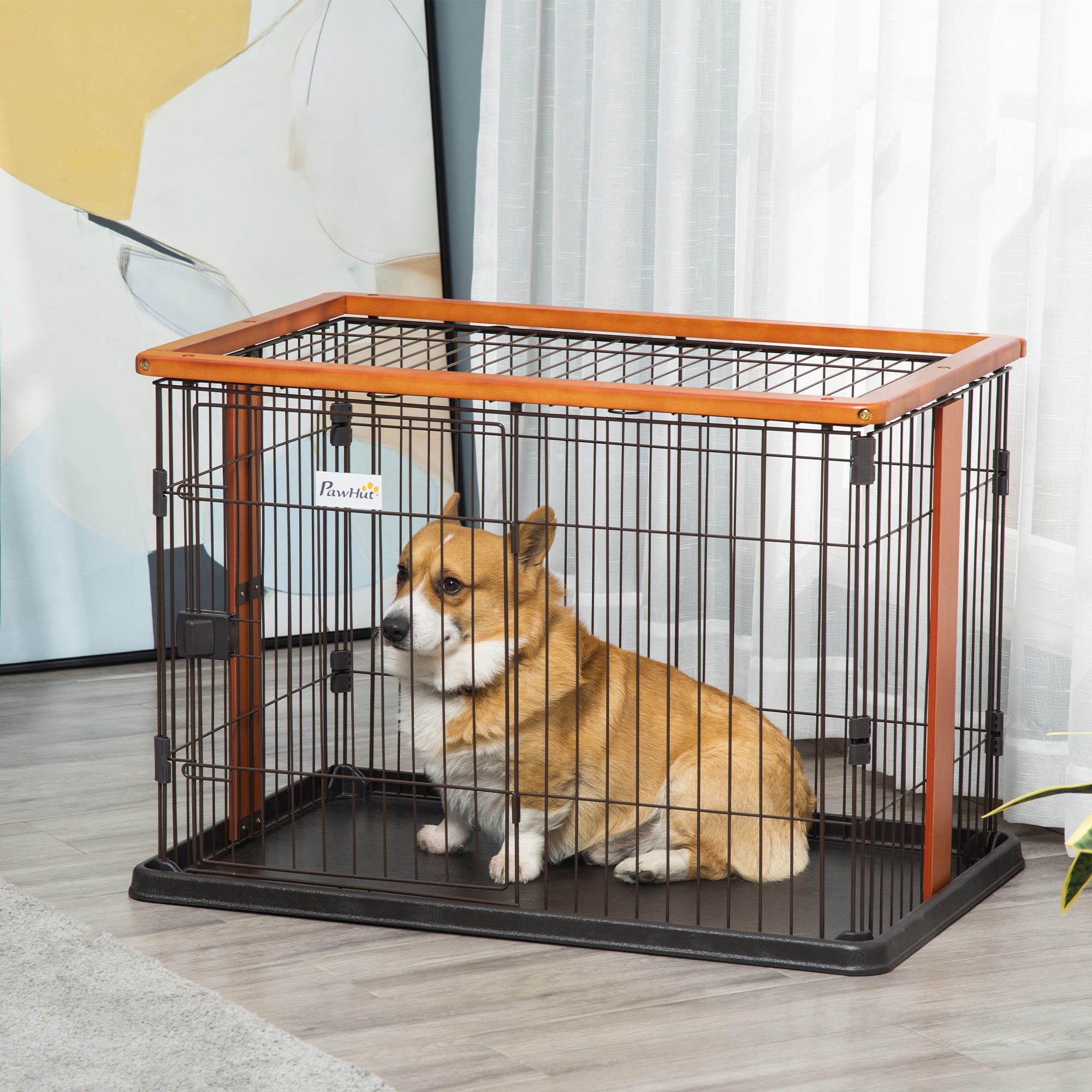 PawHut Steel Dog Crate Cage, Lightweight Puppy Kennel, with Front Door, Secured Latch, No Leak Tray, for Small & Medium Sized Dog, 35" x 22.5" x 23.5"