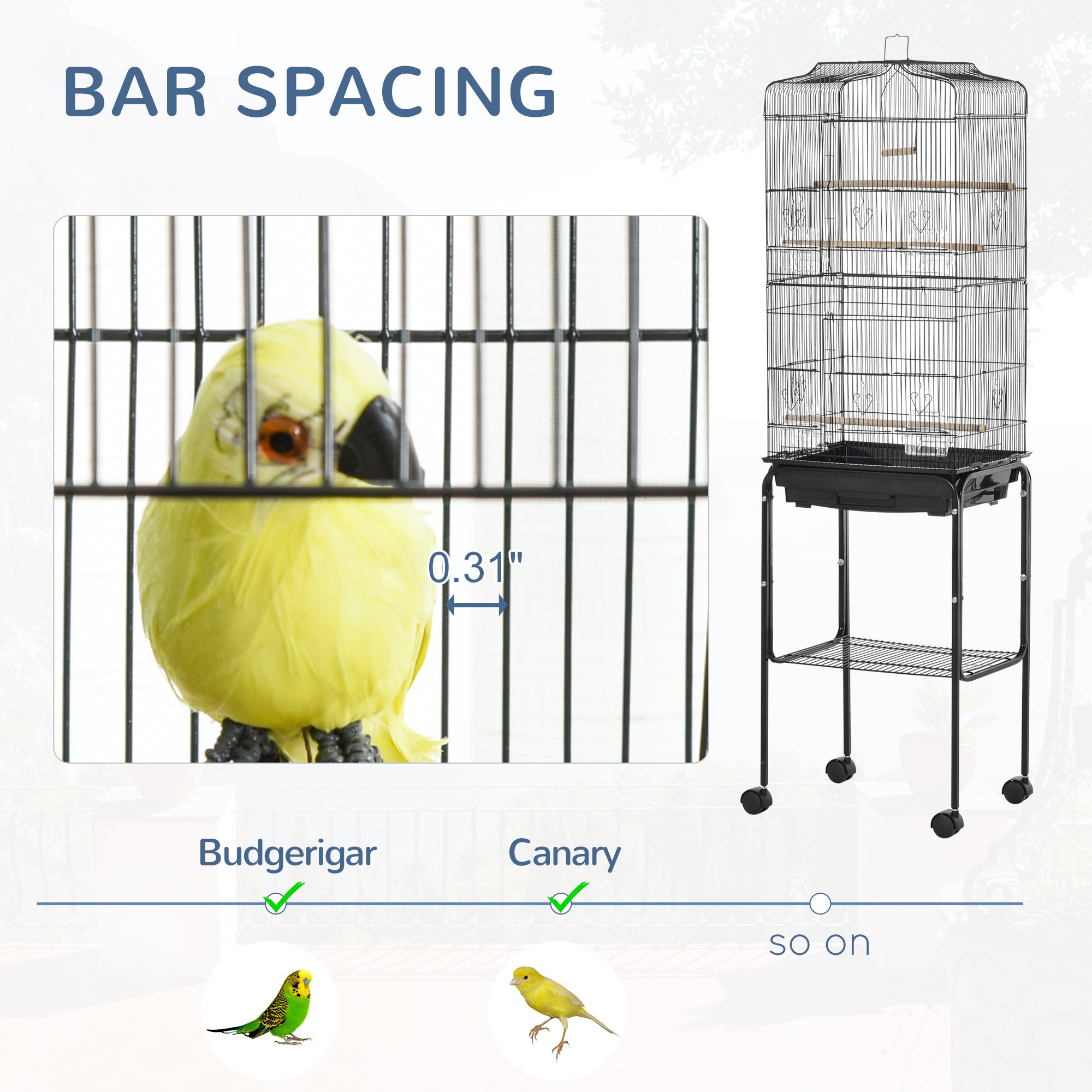 PawHut 62" Bird Cage Budgie Cage with Wheels, Detachable Stand, Storage, Black