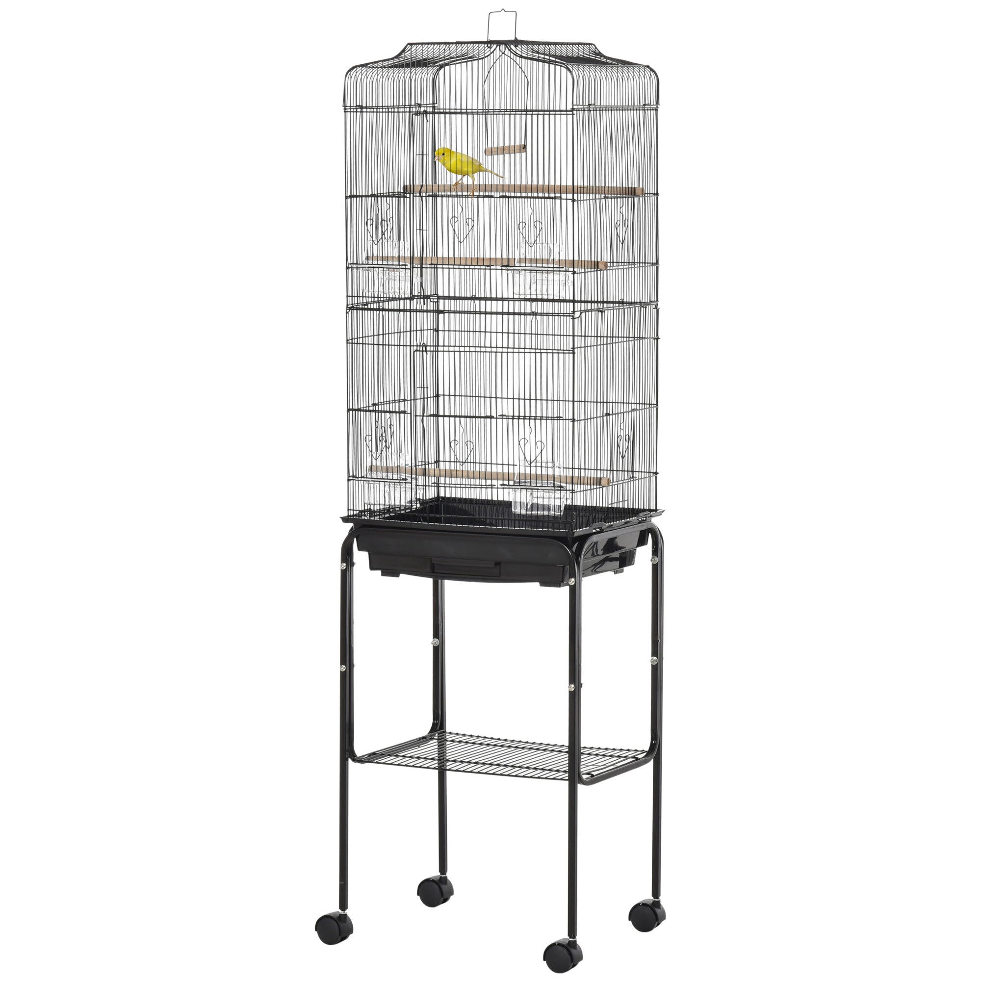 PawHut Bird Cage Budgie Cages for Finch Canary Parakeet with Stand Wheels Slide-out Tray Accessories Storage Shelf, Black 46.5 x 36 x 157 cm