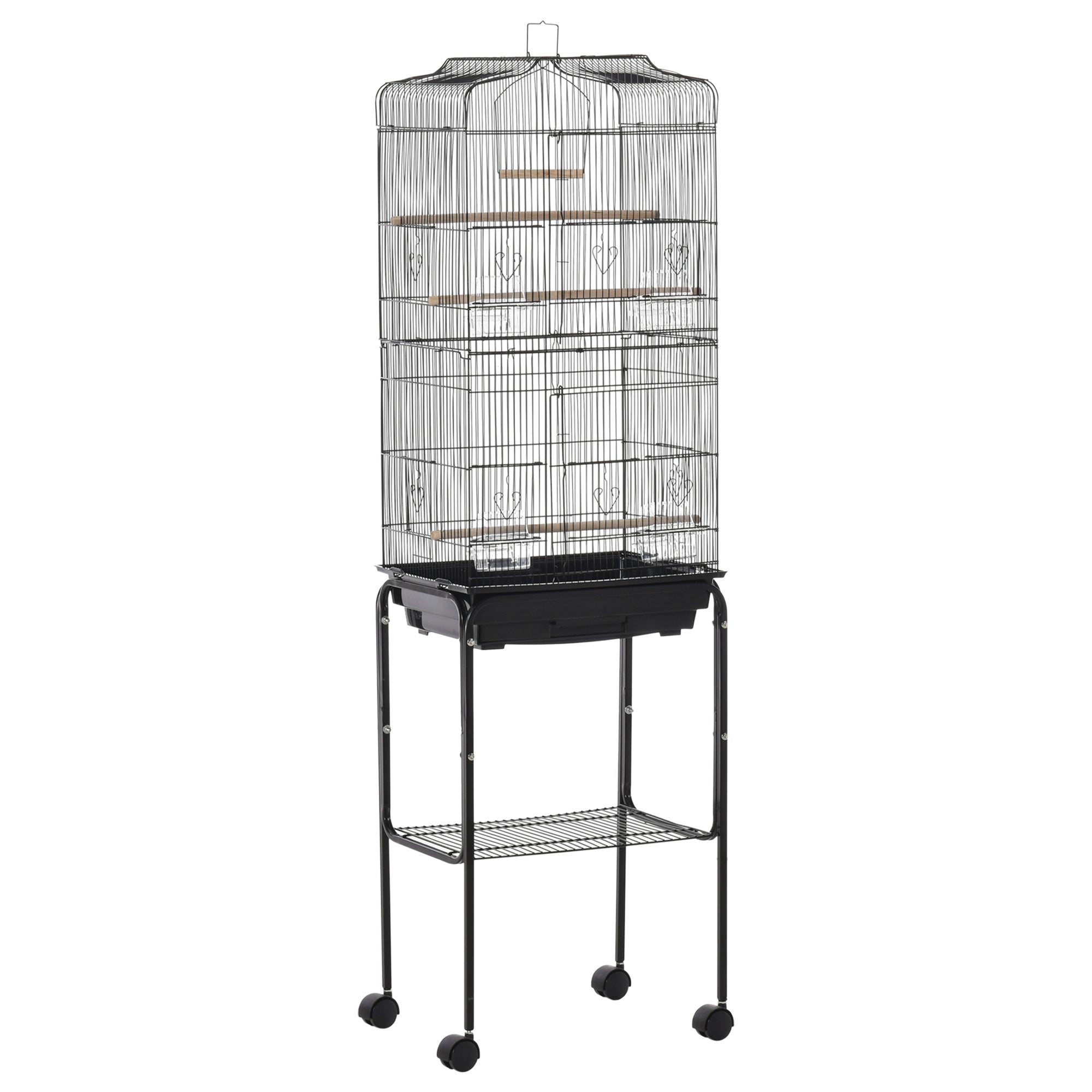 PawHut Bird Cage Budgie Cages for Finch Canary Parakeet with Stand Wheels Slide-out Tray Accessories Storage Shelf, Black 46.5 x 36 x 157 cm