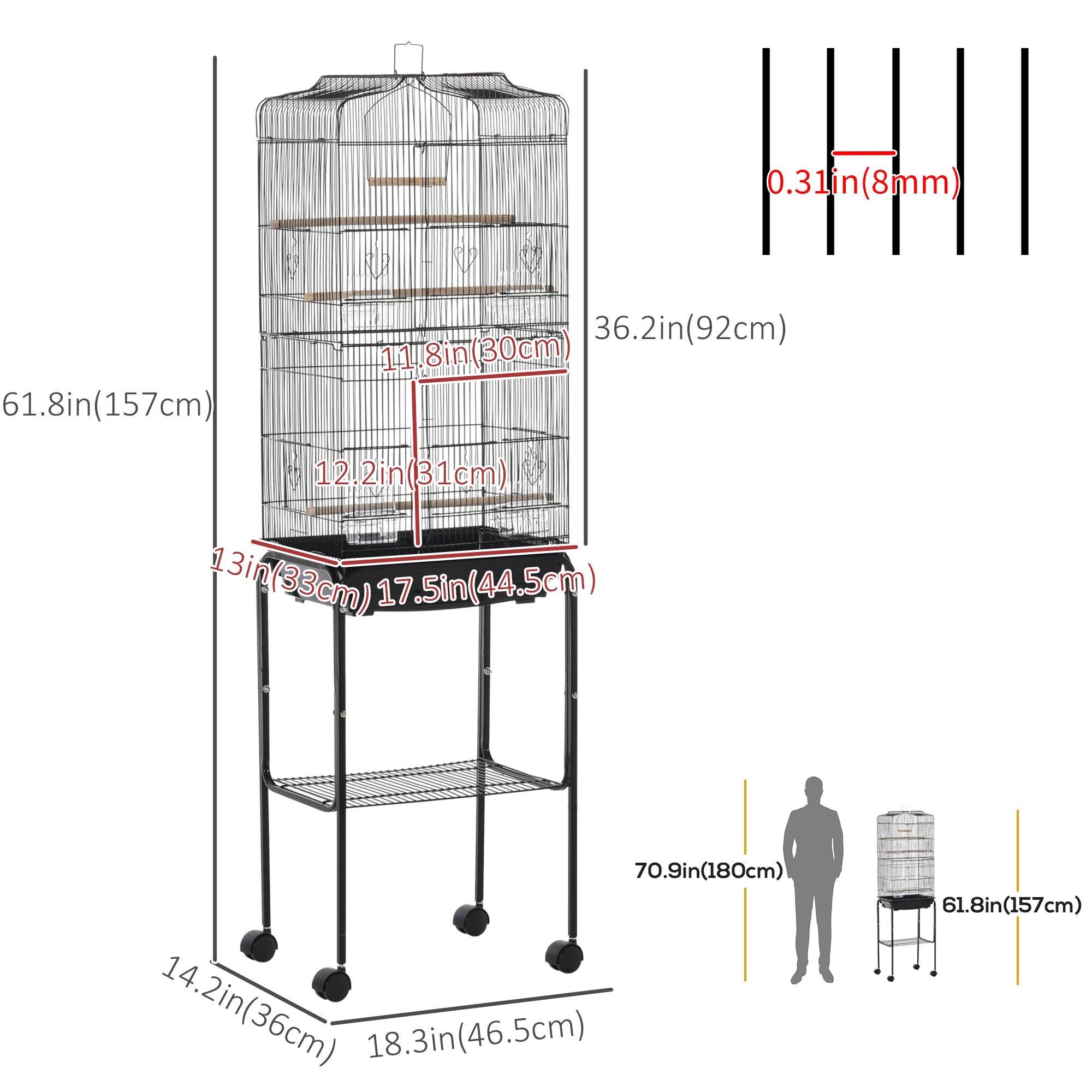 PawHut 62" Bird Cage Budgie Cage with Wheels, Detachable Stand, Storage, Black
