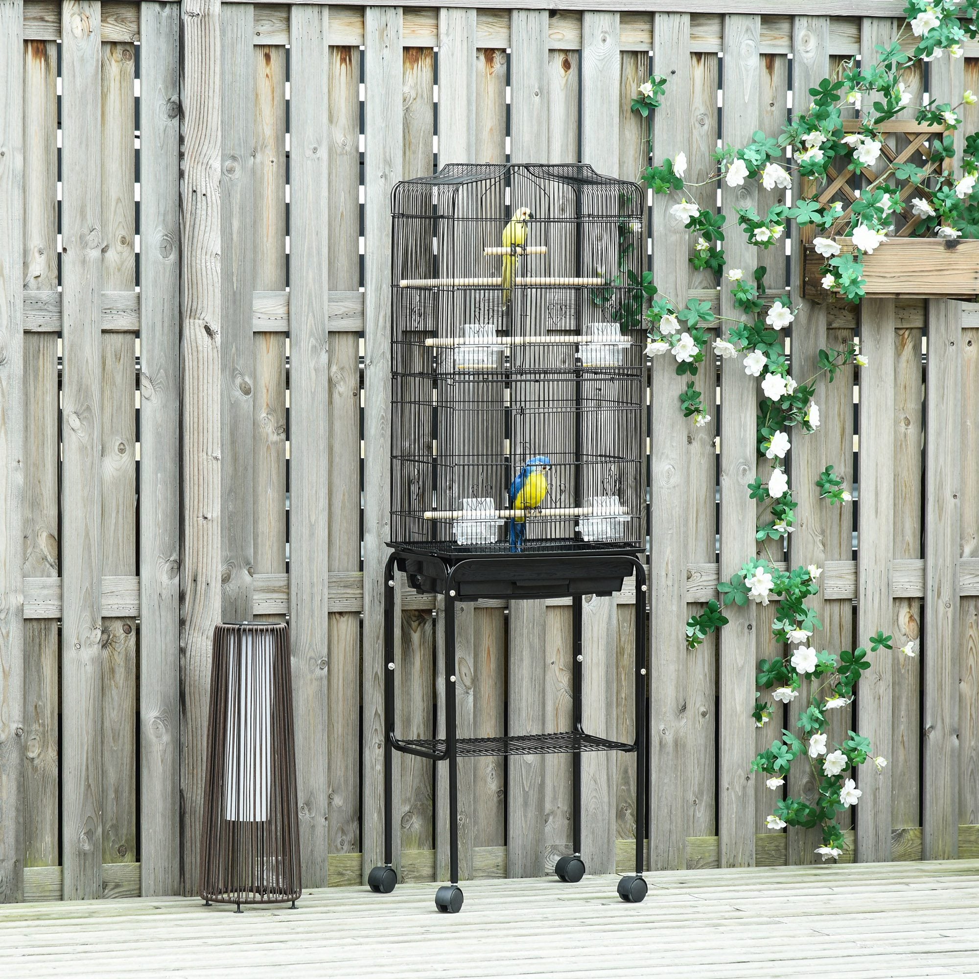 PawHut Bird Cage Budgie Cages for Finch Canary Parakeet with Stand Wheels Slide-out Tray Accessories Storage Shelf, Black 46.5 x 36 x 157 cm
