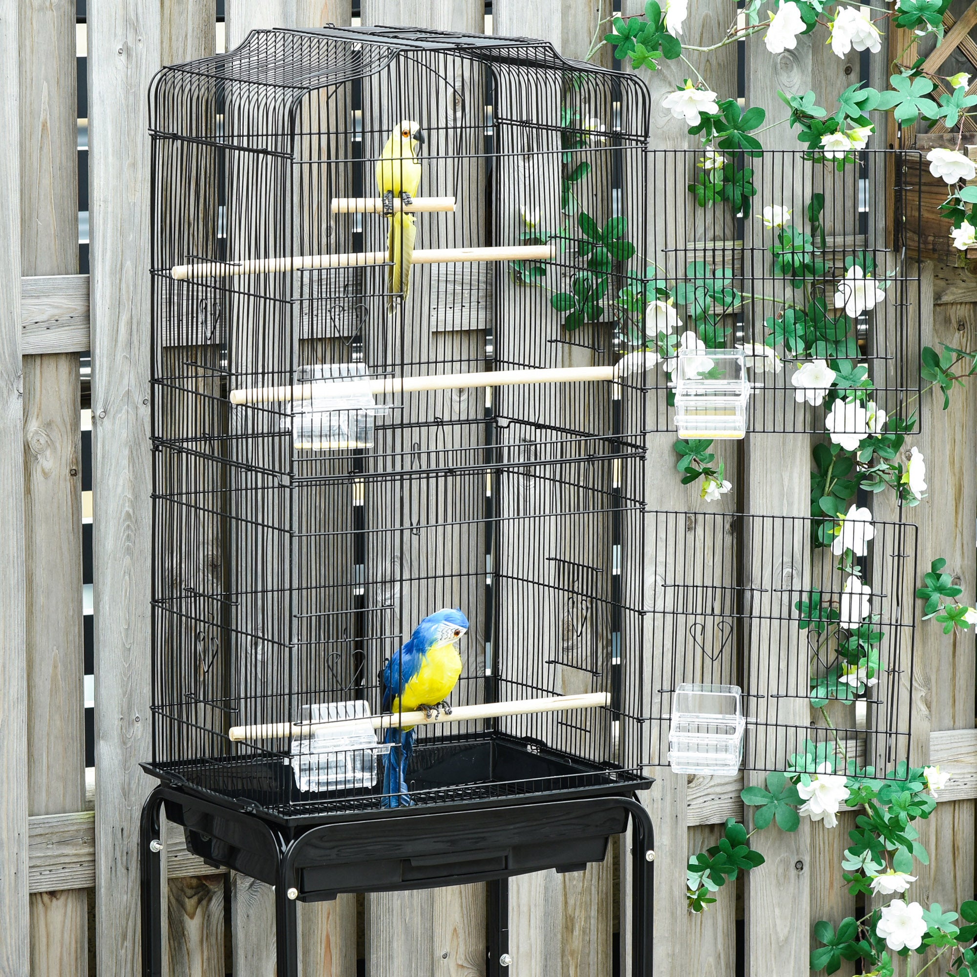 PawHut 62" Bird Cage Budgie Cage with Wheels, Detachable Stand, Storage, Black