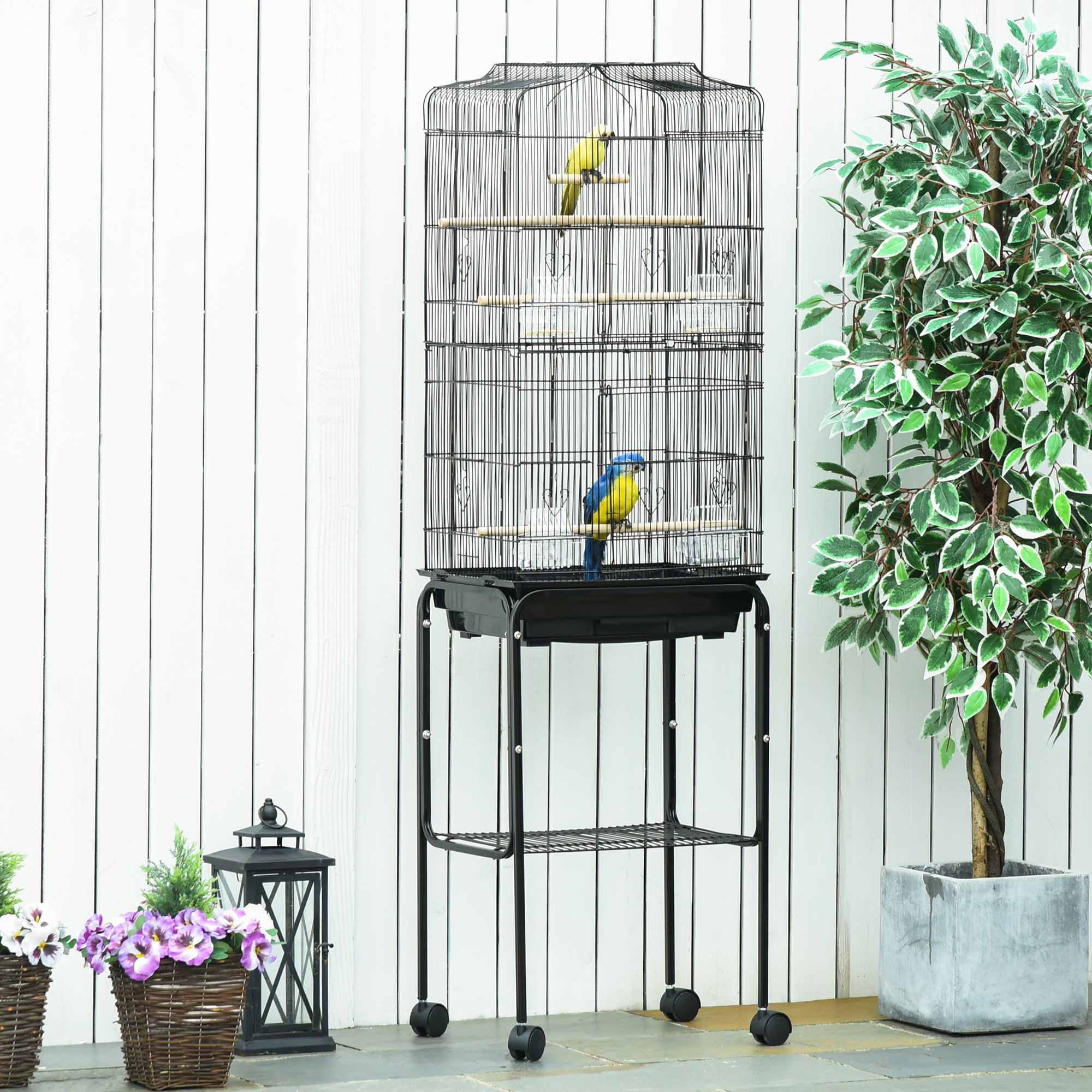 PawHut 62" Bird Cage Budgie Cage with Wheels, Detachable Stand, Storage, Black