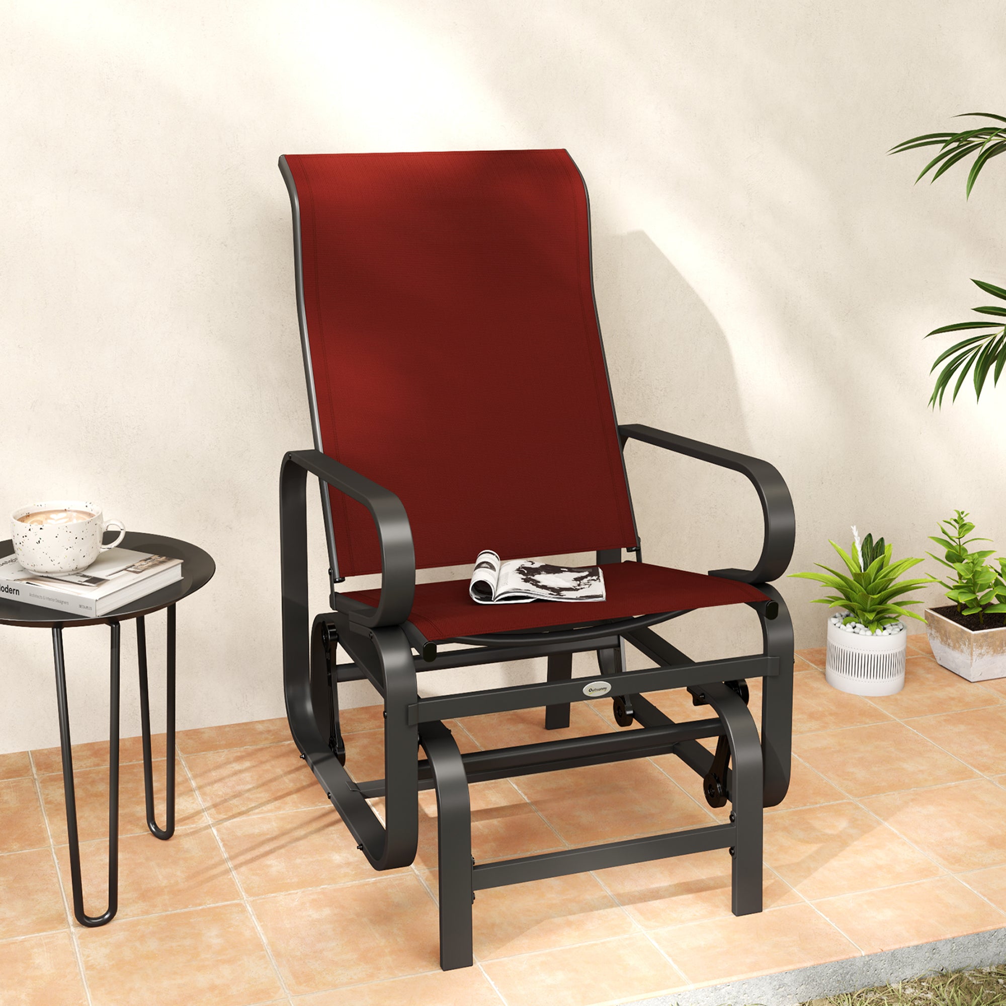 Outsunny Patio Glider with Breathable Mesh Fabric, Outdoor Glider Chair, Garden Rocking Gliding Seat for Patio, Yard, Porch, Wine Red