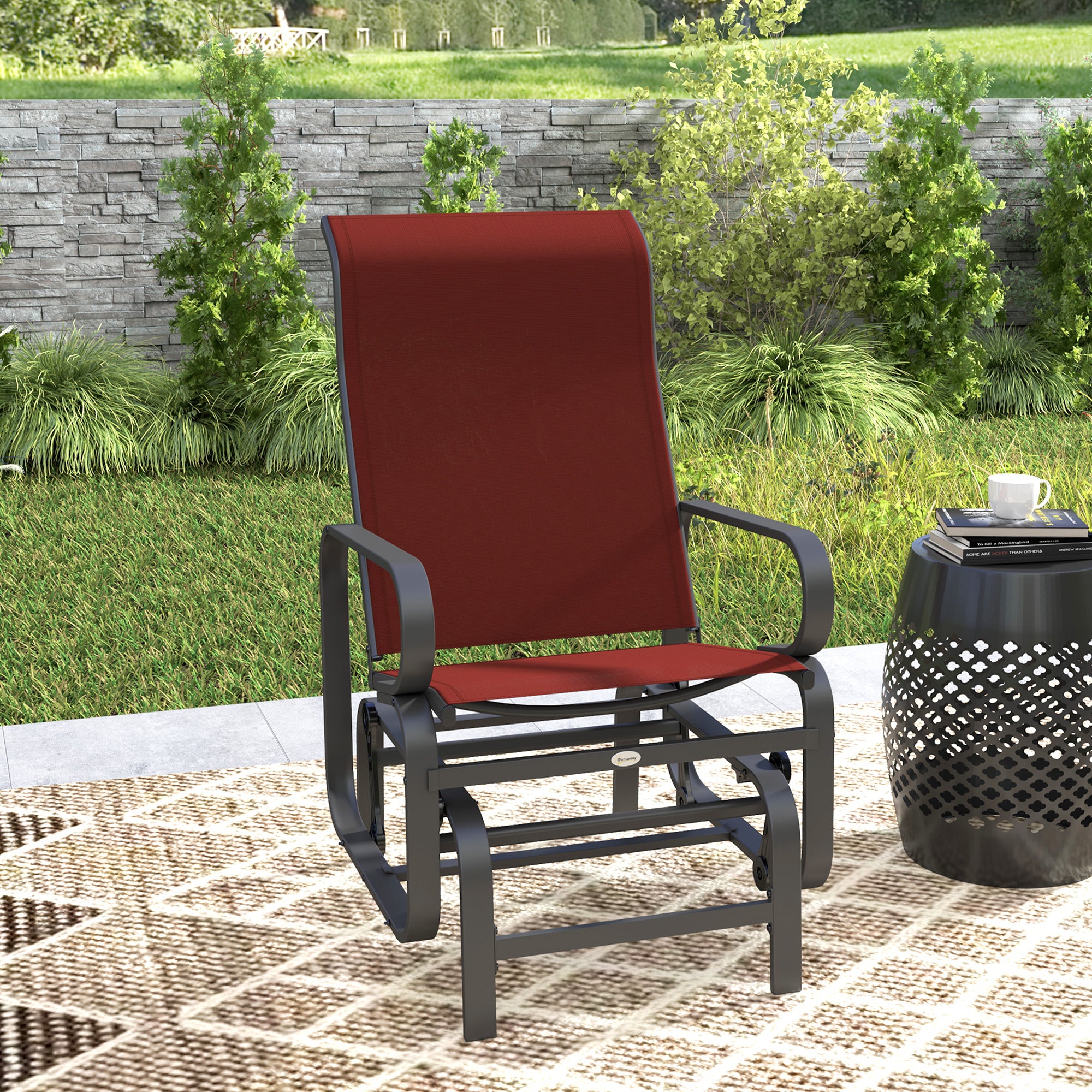 Outsunny Patio Glider with Breathable Mesh Fabric, Outdoor Glider Chair, Garden Rocking Gliding Seat for Patio, Yard, Porch, Wine Red