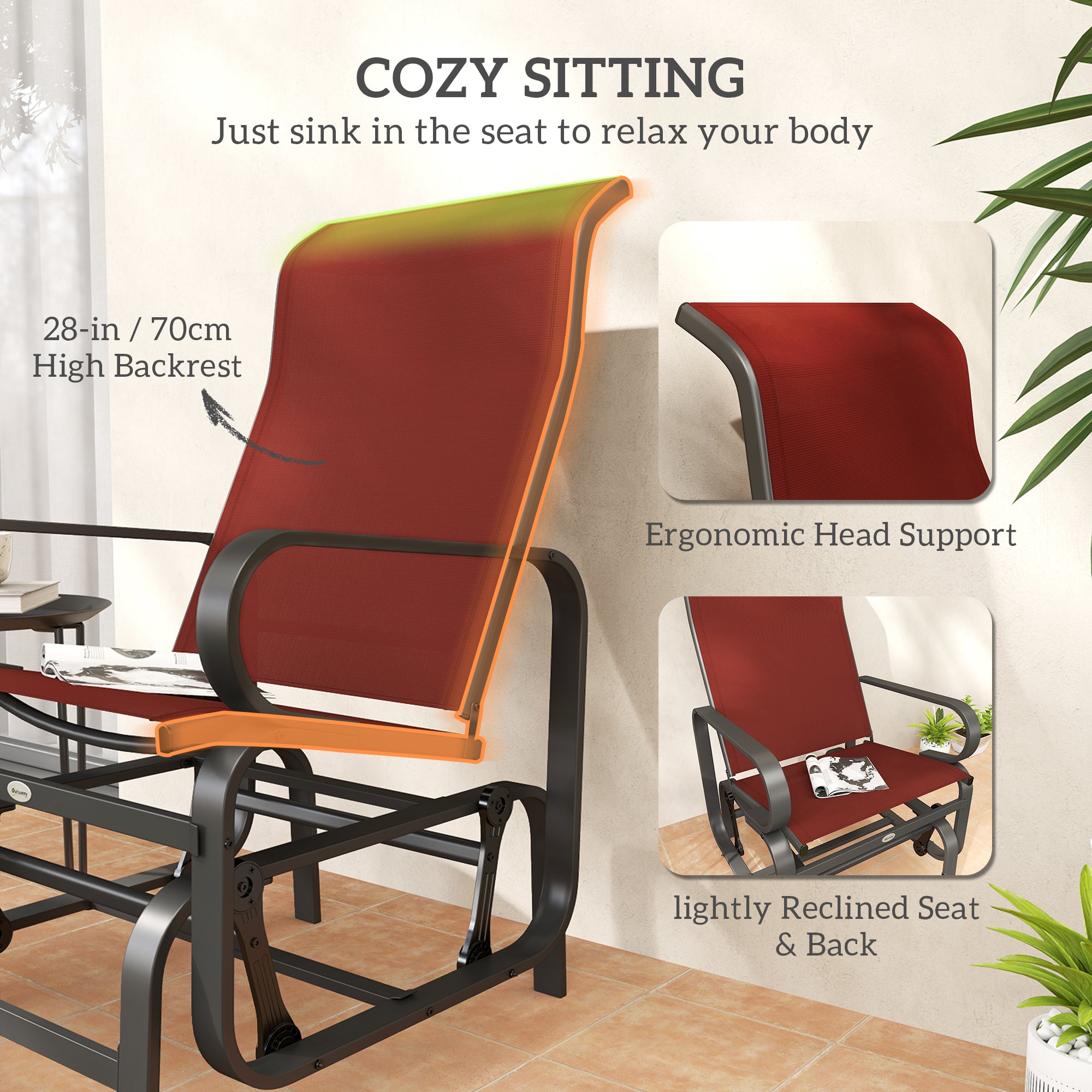 Outsunny Patio Glider with Breathable Mesh Fabric, Outdoor Glider Chair, Garden Rocking Gliding Seat for Patio, Yard, Porch, Wine Red
