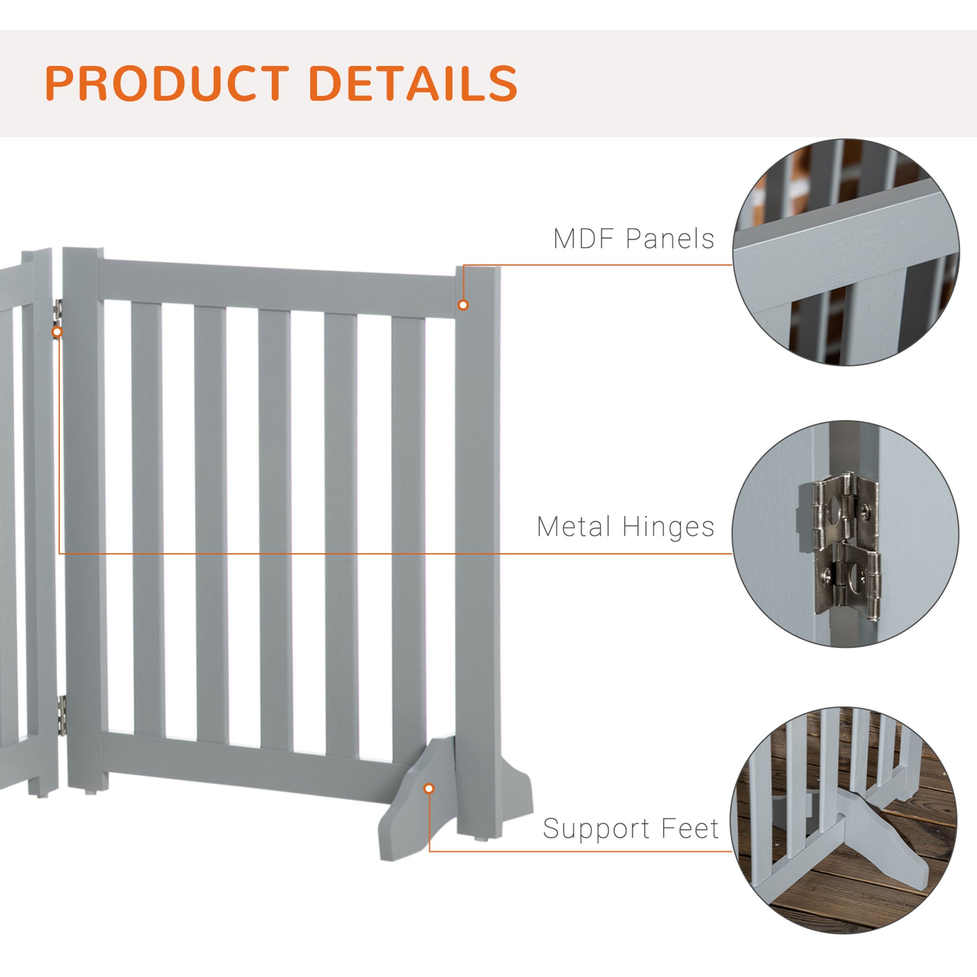 PawHut Foldable Dog Gate with Door, 4 Panels Freestanding Pet Gate with Support Feet Indoor Playpen for Small Dogs and Below, Grey