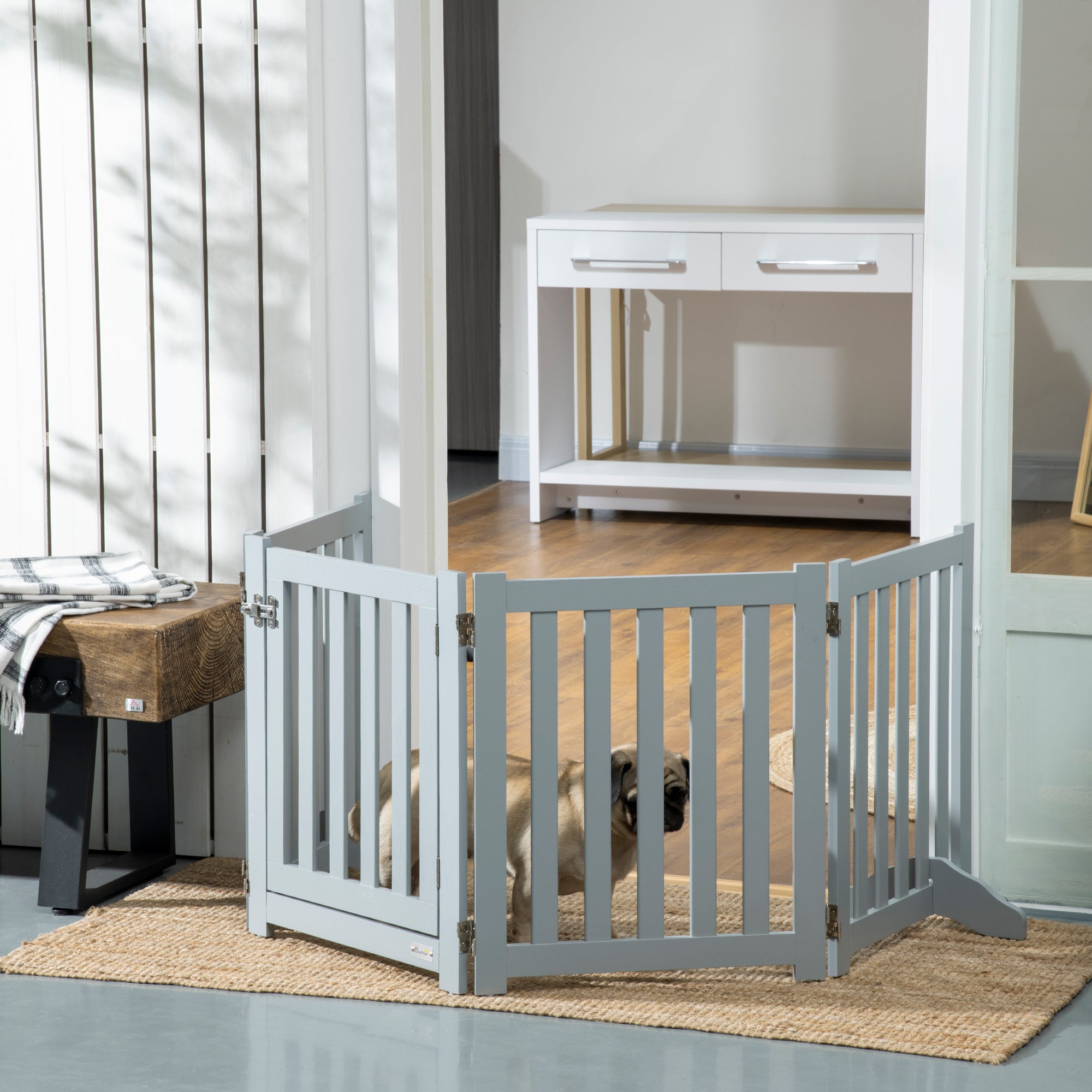 PawHut Foldable Dog Gate with Door, 4 Panels Freestanding Pet Gate with Support Feet Indoor Playpen for Small Dogs and Below, Grey