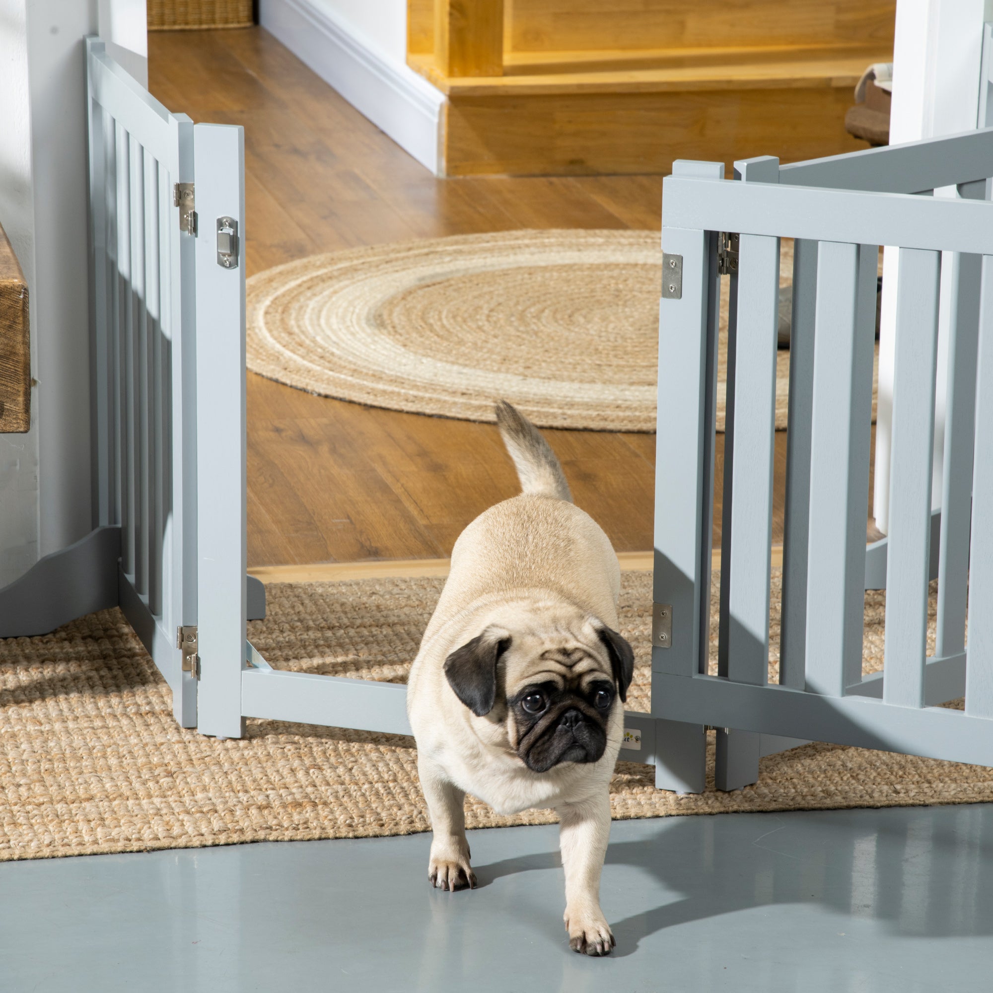 PawHut Foldable Dog Gate with Door, 4 Panels Freestanding Pet Gate with Support Feet Indoor Playpen for Small Dogs and Below, Grey