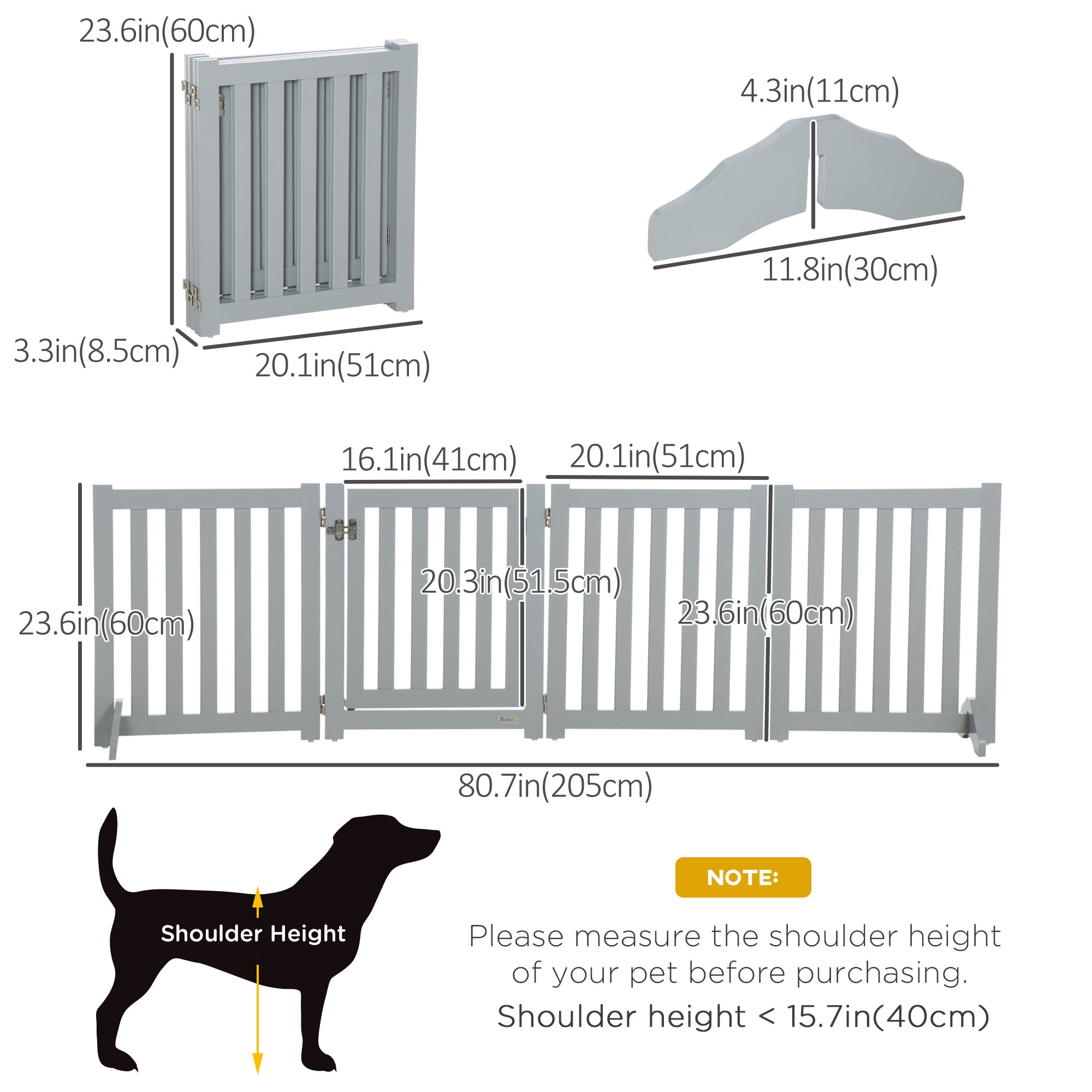 PawHut Foldable Dog Gate with Door, 4 Panels Freestanding Pet Gate with Support Feet Indoor Playpen for Small Dogs and Below, Grey