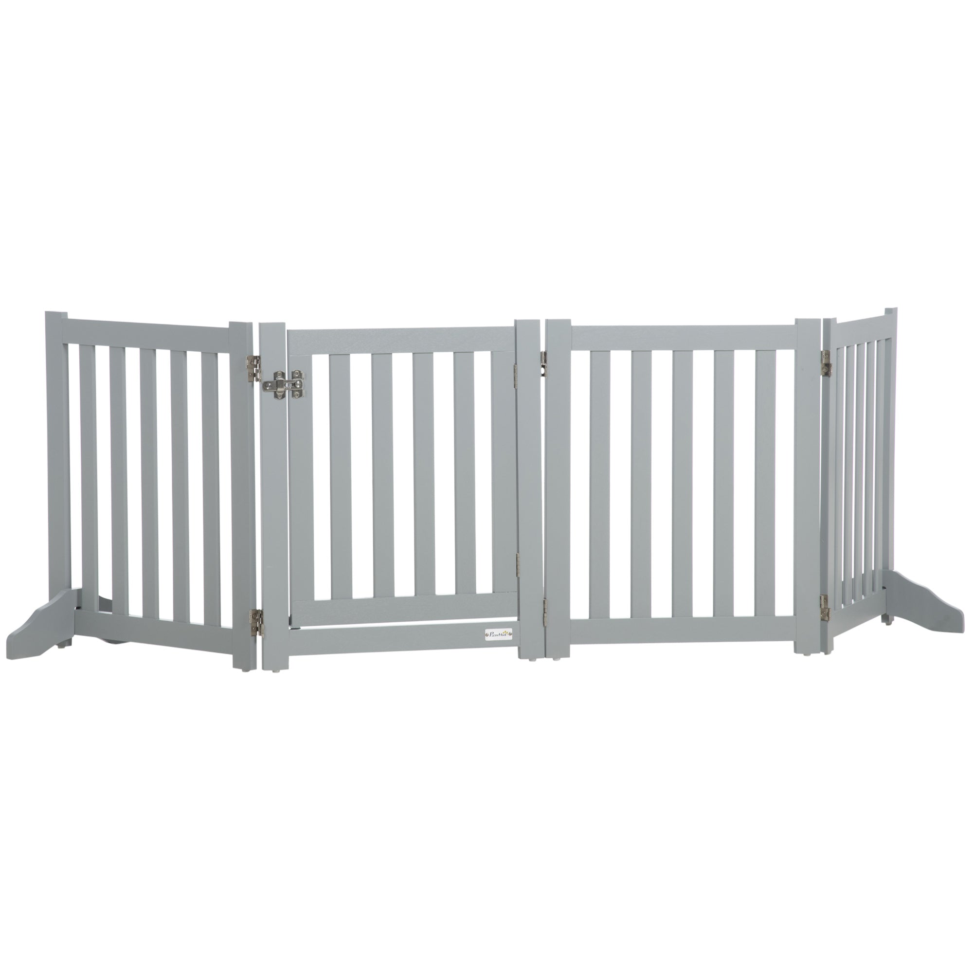 PawHut Foldable Dog Gate with Door, 4 Panels Freestanding Pet Gate with Support Feet Indoor Playpen for Small Dogs and Below, Grey
