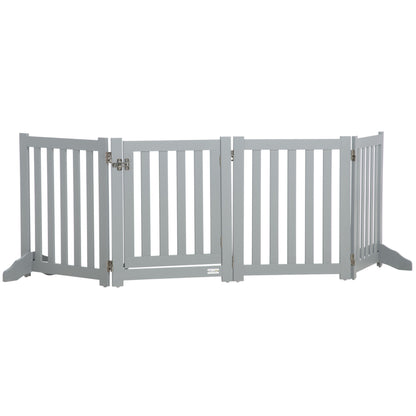 PawHut Foldable Dog Gate with Door, 4 Panels Freestanding Pet Gate with Support Feet Indoor Playpen for Small Dogs and Below, Grey
