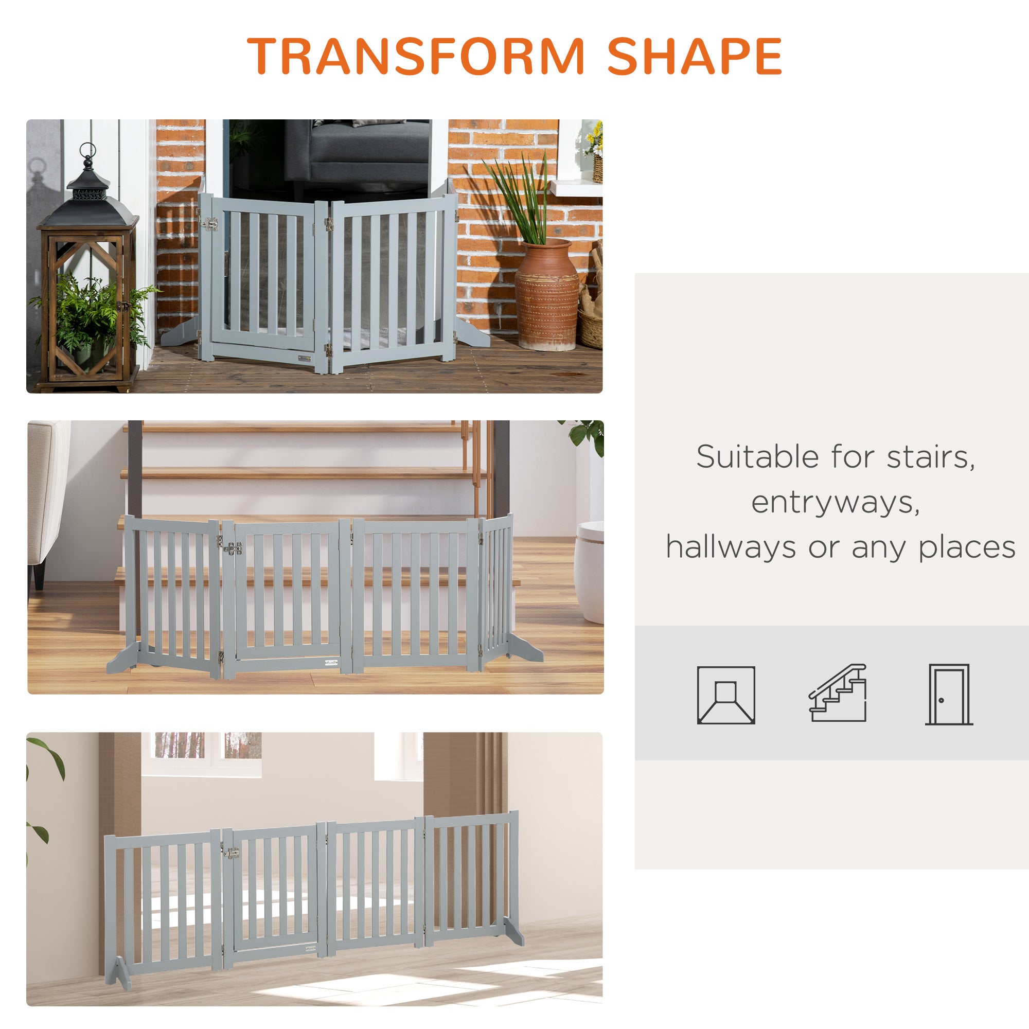 PawHut Foldable Dog Gate with Door, 4 Panels Freestanding Pet Gate with Support Feet Indoor Playpen for Small Dogs and Below, Grey