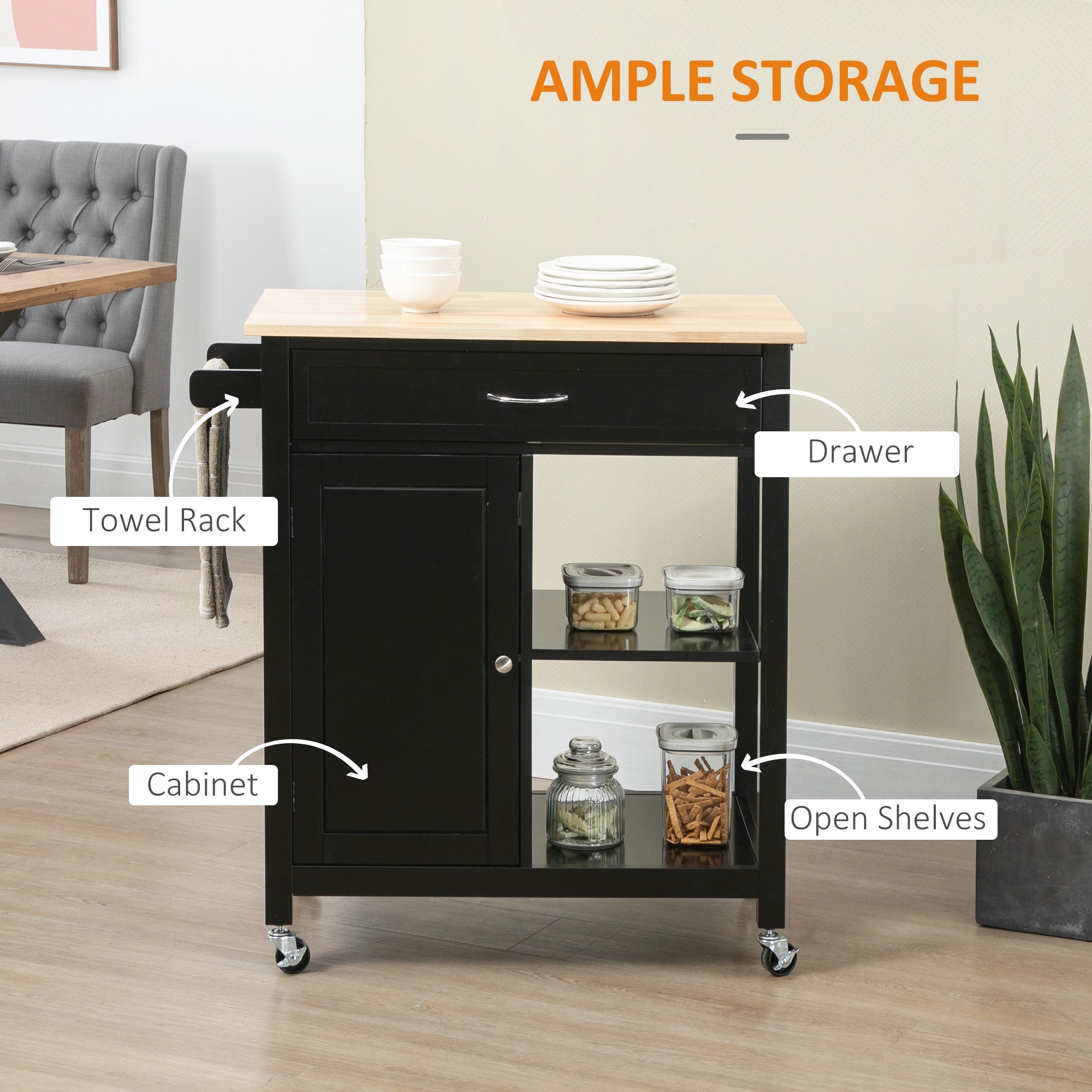 HOMCOM Rolling Kitchen Cart with Wood Top and Drawer, Kitchen Island on Wheels for Dining Room, Black