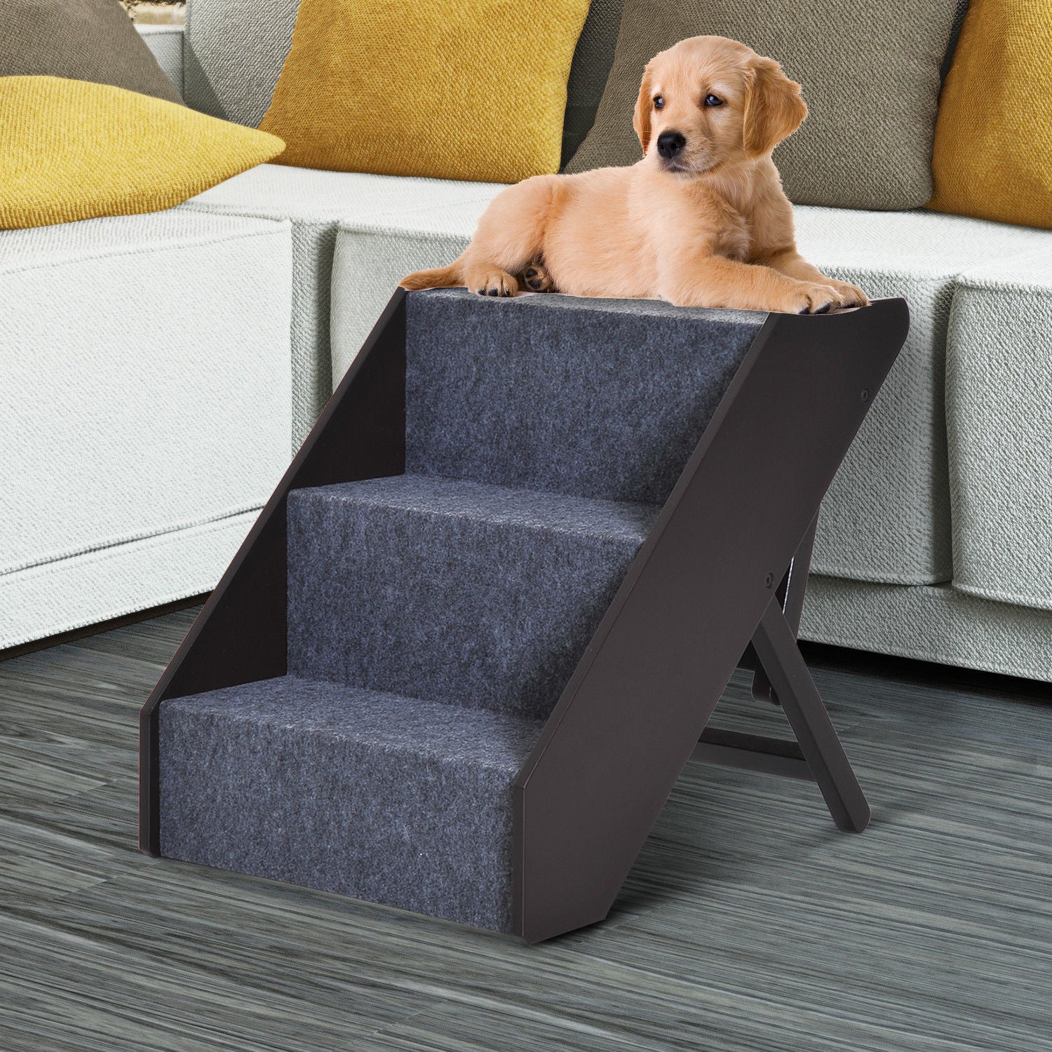 PawHut 3 Step Height Adjustable Portable Wooden Easy Climb Pet Stairs - Dark Brown