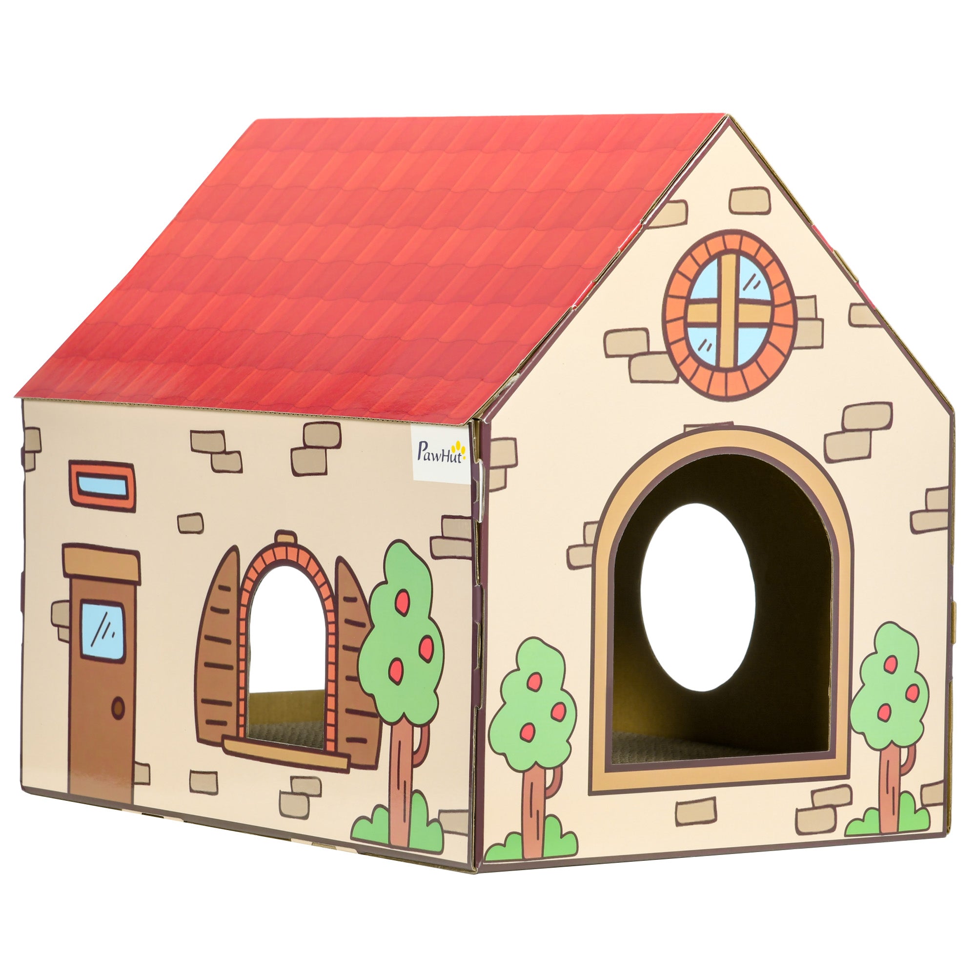 PawHut Cardboard Cat House with Scratcher, Catnip, Recyclable Corrugate Scratcher for Indoor Cats, Cat Scratching Board Pad,  42 x 30 x 37cm