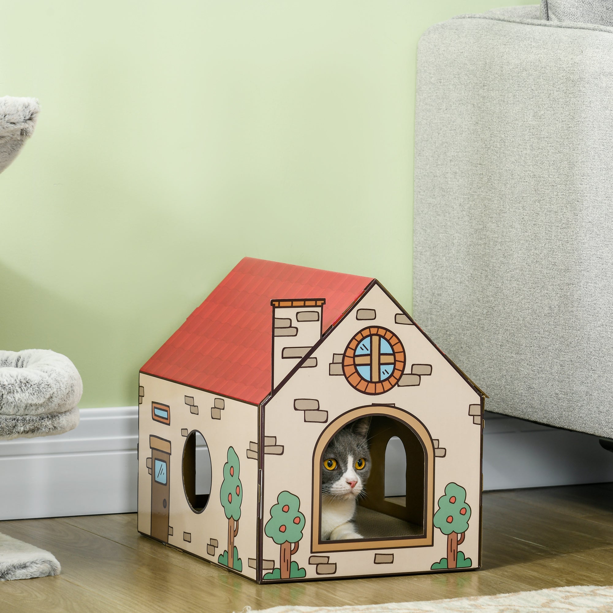 PawHut Cardboard Cat House with Scratcher, Catnip, Recyclable Corrugate Scratcher for Indoor Cats, Cat Scratching Board Pad,  42 x 30 x 37cm