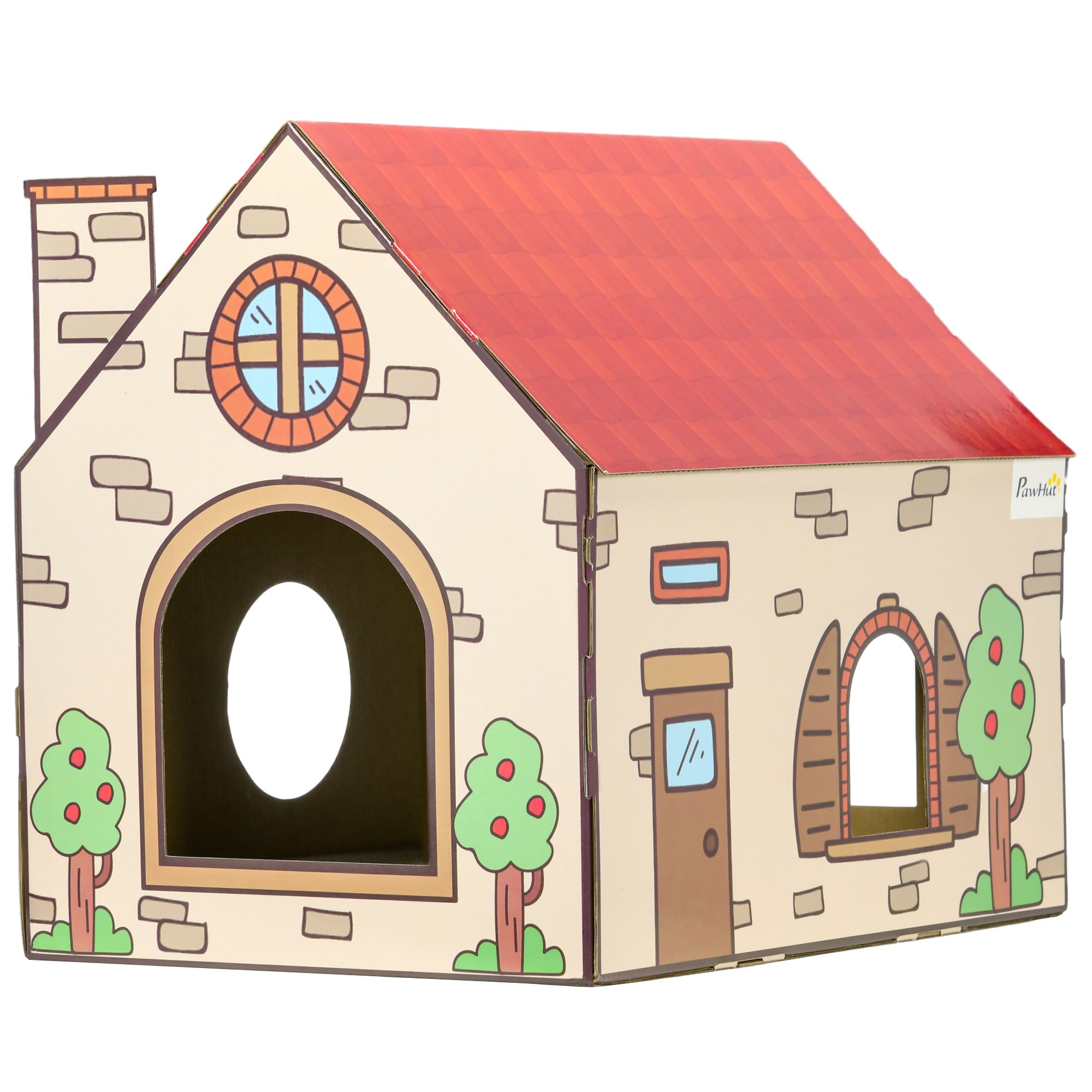 PawHut Cardboard Cat House with Scratcher, Catnip, Recyclable Corrugate Scratcher for Indoor Cats, Cat Scratching Board Pad,  42 x 30 x 37cm