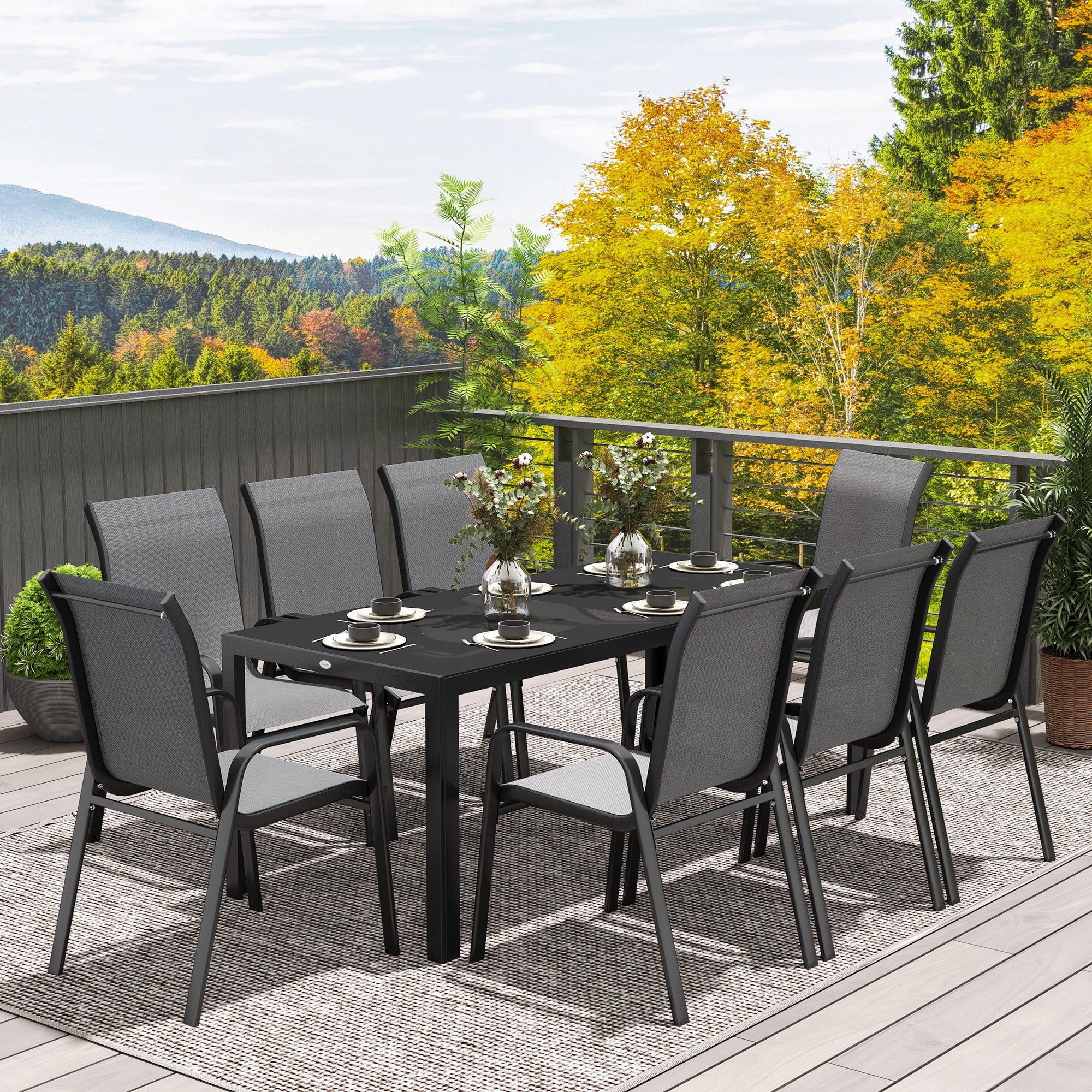 Outsunny 9 Piece Patio Dining Set with Stackable Chairs, Patio Table and Chairs, Outdoor Dining Set with Tempered Glass Top for Garden, Patio, Backyard, Dark Grey