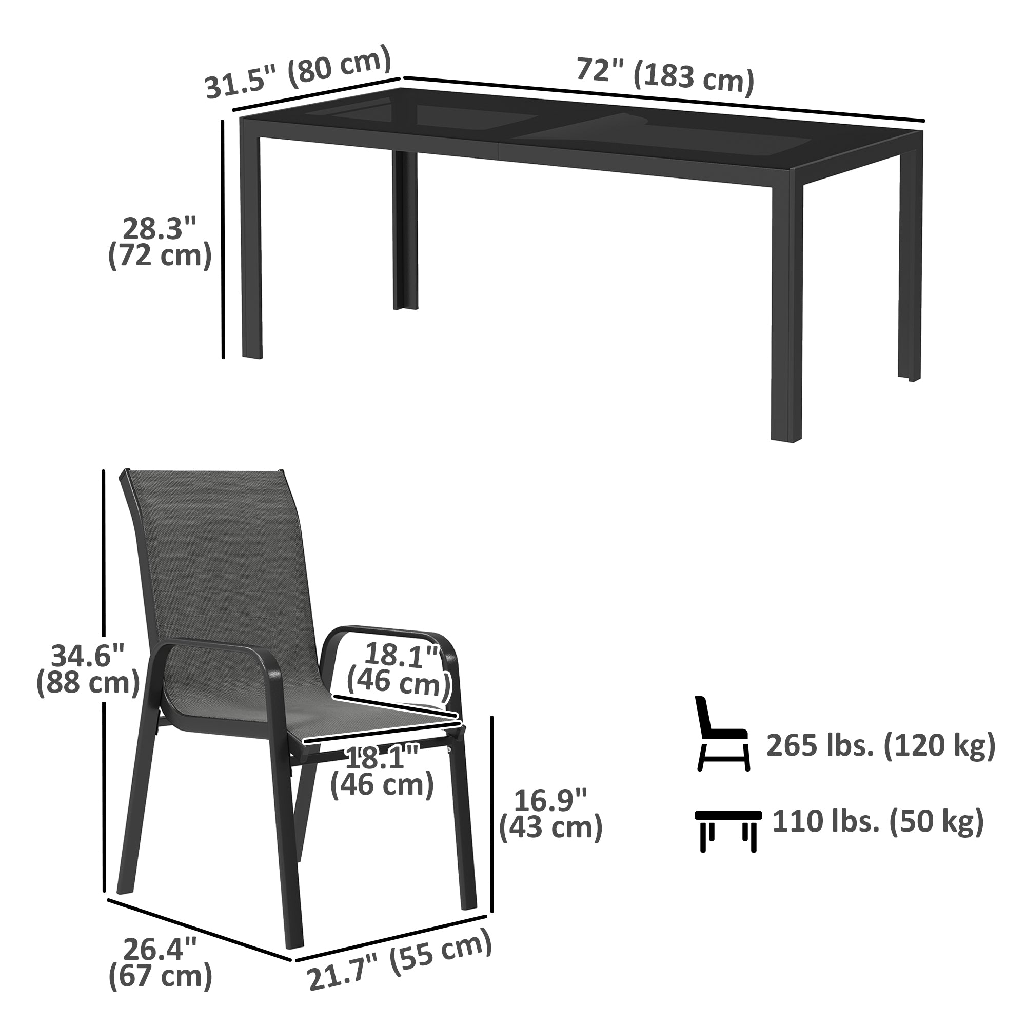 Outsunny 9 Piece Patio Dining Set with Stackable Chairs, Patio Table and Chairs, Outdoor Dining Set with Tempered Glass Top for Garden, Patio, Backyard, Dark Grey