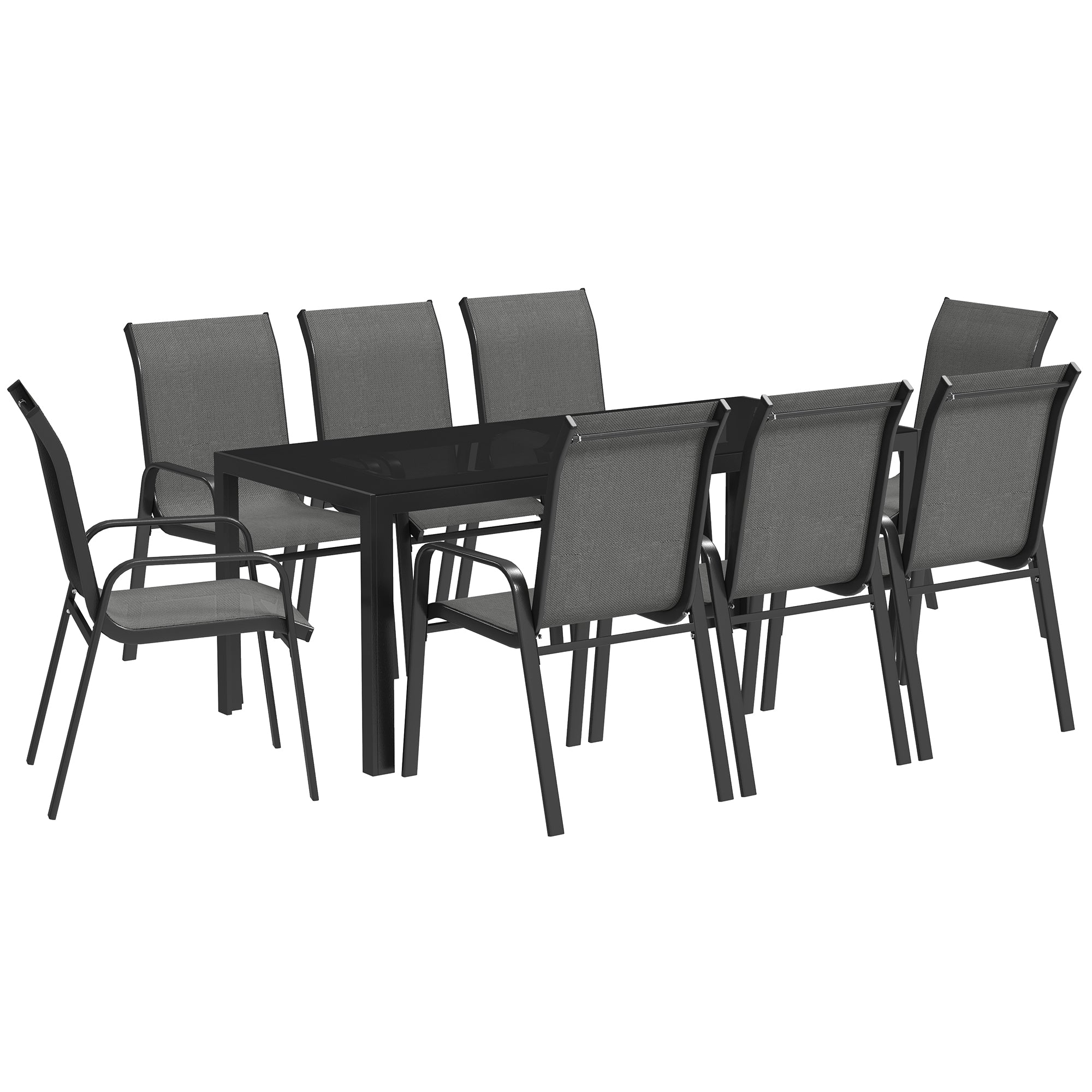 Outsunny 9 Piece Patio Dining Set with Stackable Chairs, Patio Table and Chairs, Outdoor Dining Set with Tempered Glass Top for Garden, Patio, Backyard, Dark Grey