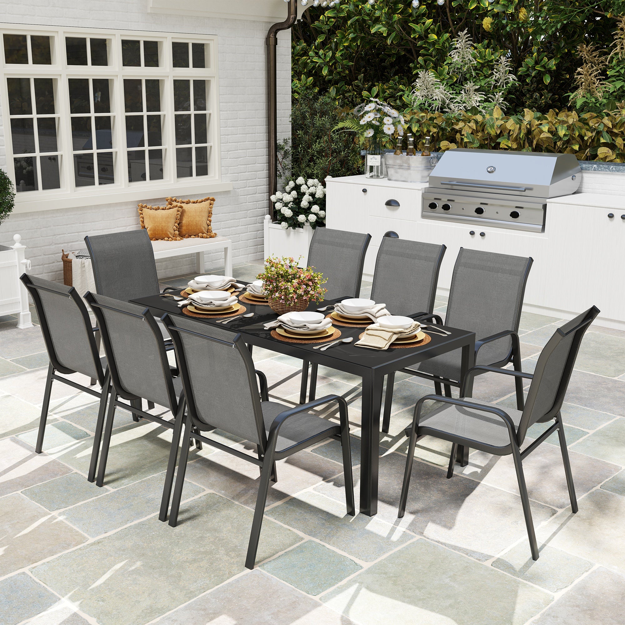 Outsunny 9 Piece Patio Dining Set with Stackable Chairs, Patio Table and Chairs, Outdoor Dining Set with Tempered Glass Top for Garden, Patio, Backyard, Dark Grey