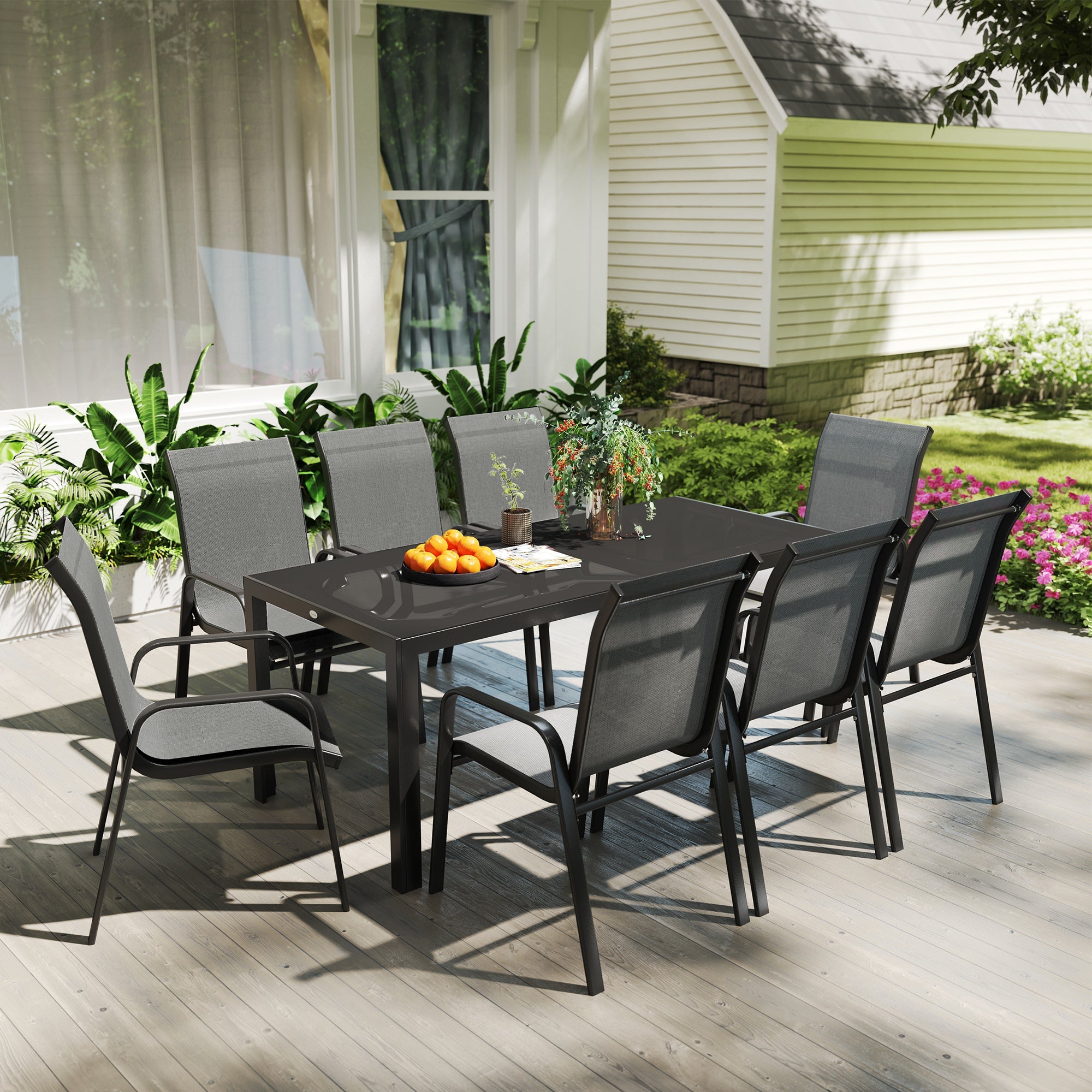 Outsunny 9 Piece Patio Dining Set with Stackable Chairs, Patio Table and Chairs, Outdoor Dining Set with Tempered Glass Top for Garden, Patio, Backyard, Dark Grey