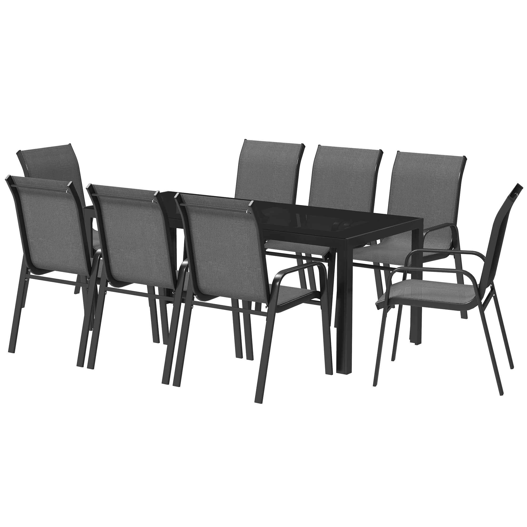 Outsunny 9 Piece Patio Dining Set with Stackable Chairs, Patio Table and Chairs, Outdoor Dining Set with Tempered Glass Top for Garden, Patio, Backyard, Dark Grey