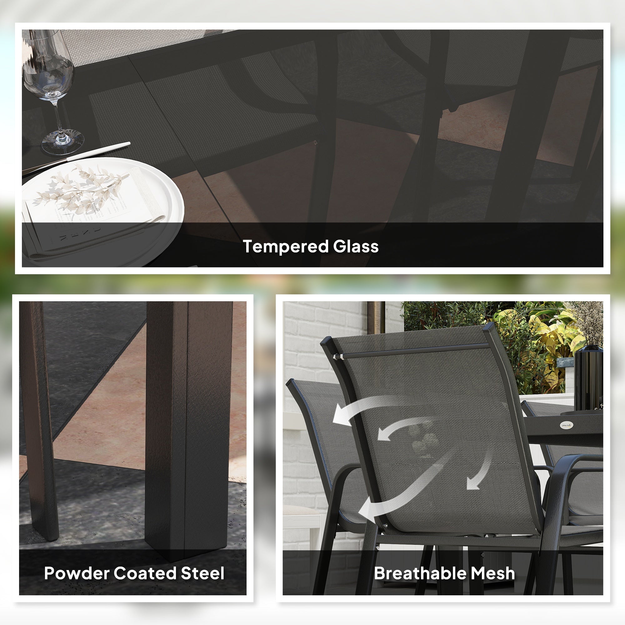 Outsunny 9 Piece Patio Dining Set with Stackable Chairs, Patio Table and Chairs, Outdoor Dining Set with Tempered Glass Top for Garden, Patio, Backyard, Dark Grey