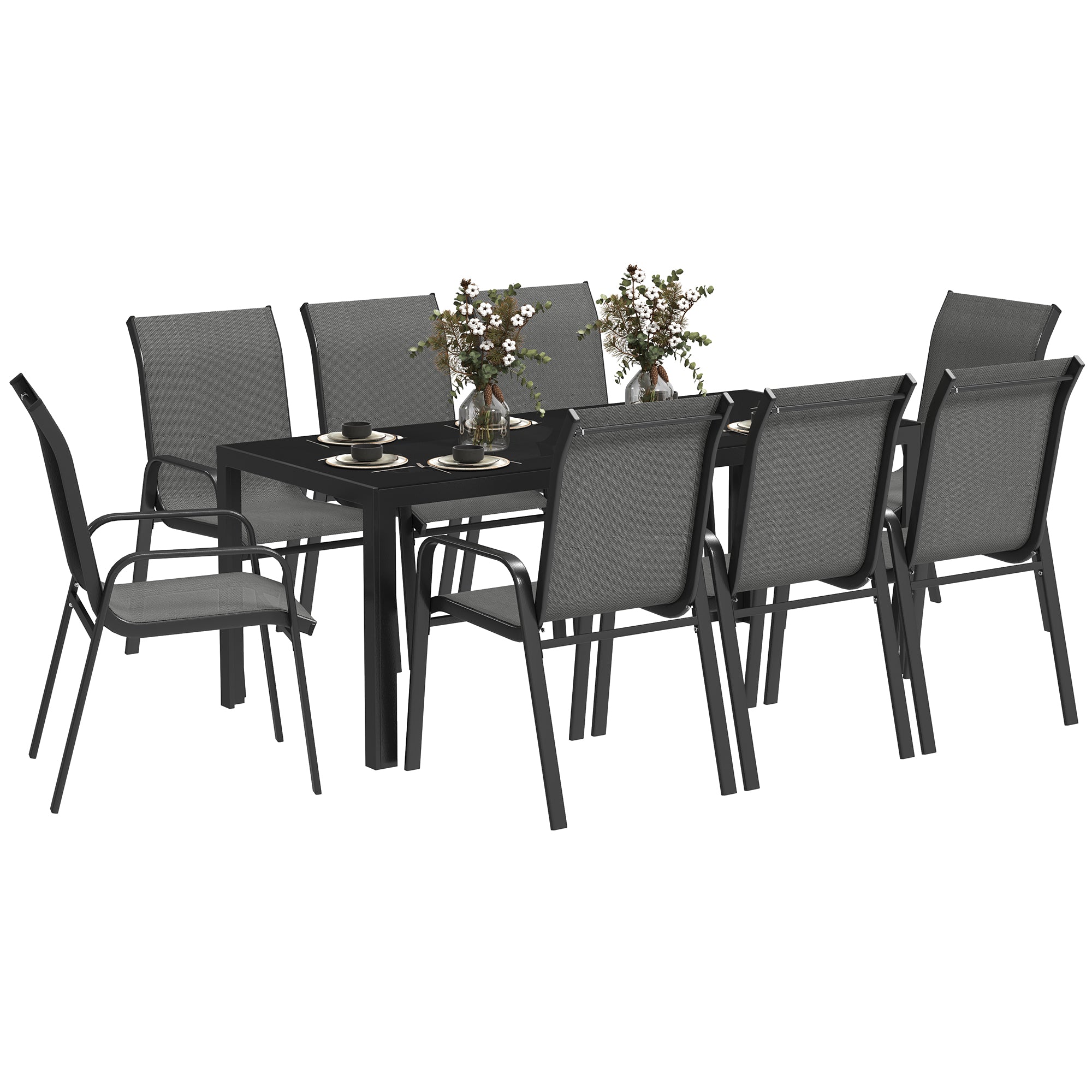 Outsunny 9 Piece Patio Dining Set with Stackable Chairs, Patio Table and Chairs, Outdoor Dining Set with Tempered Glass Top for Garden, Patio, Backyard, Dark Grey
