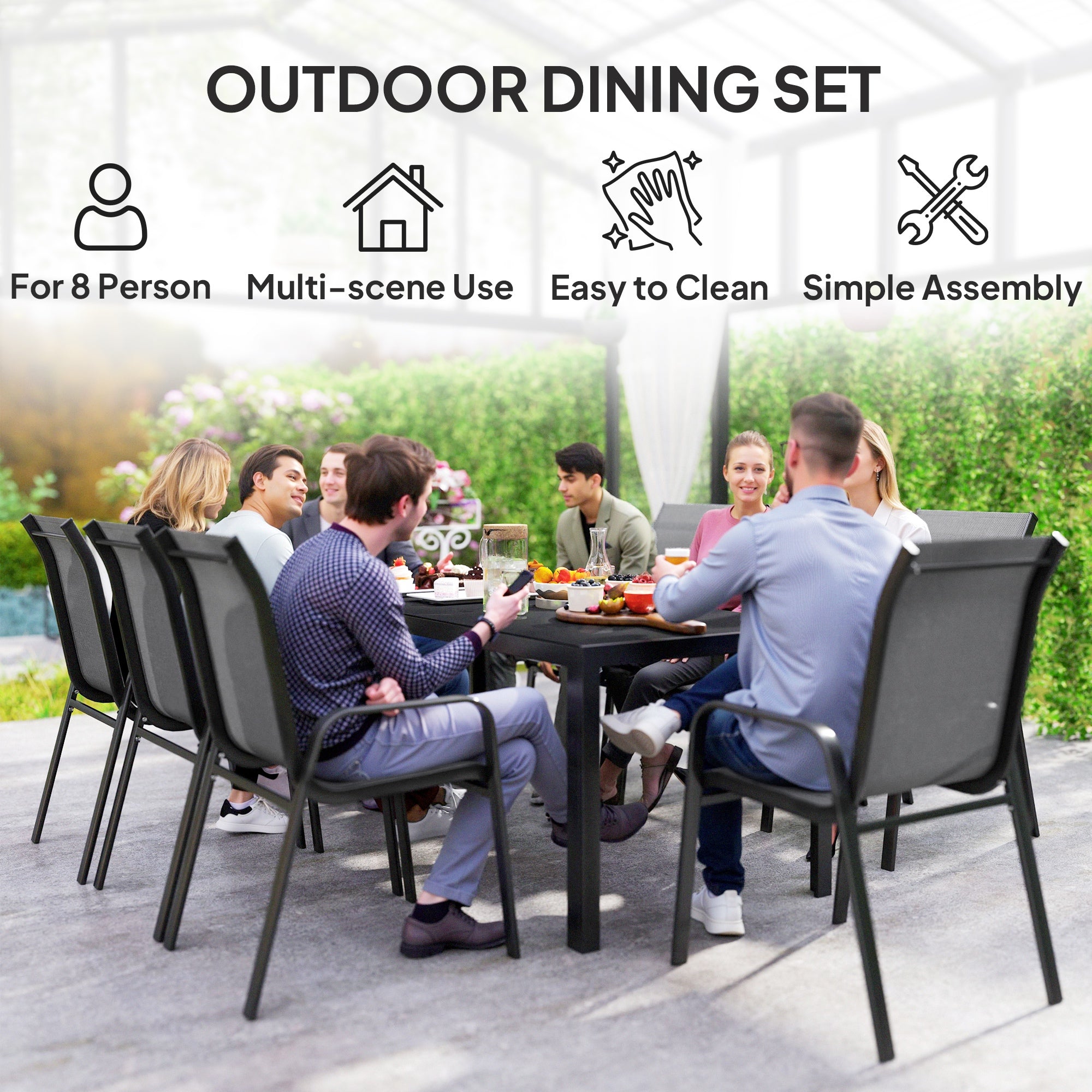 Outsunny 9 Piece Patio Dining Set with Stackable Chairs, Patio Table and Chairs, Outdoor Dining Set with Tempered Glass Top for Garden, Patio, Backyard, Dark Grey