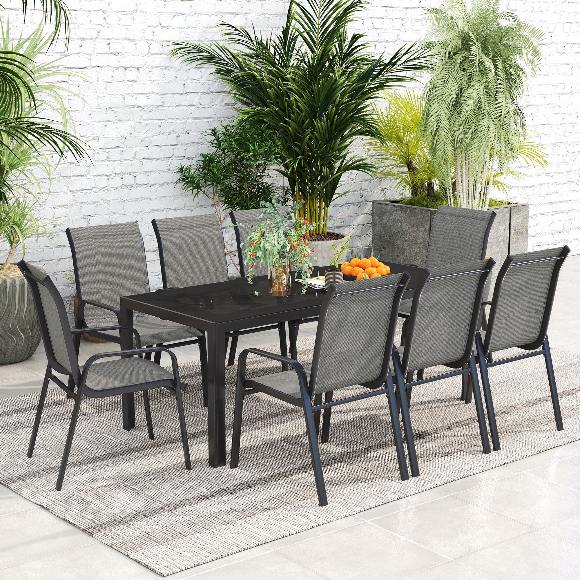 Outsunny 9 Piece Patio Dining Set with Stackable Chairs, Patio Table and Chairs, Outdoor Dining Set with Tempered Glass Top for Garden, Patio, Backyard, Dark Grey