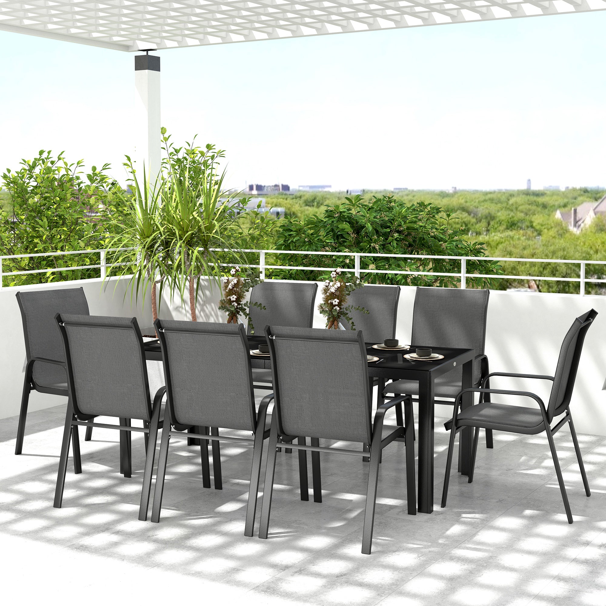 Outsunny 9 Piece Patio Dining Set with Stackable Chairs, Patio Table and Chairs, Outdoor Dining Set with Tempered Glass Top for Garden, Patio, Backyard, Dark Grey