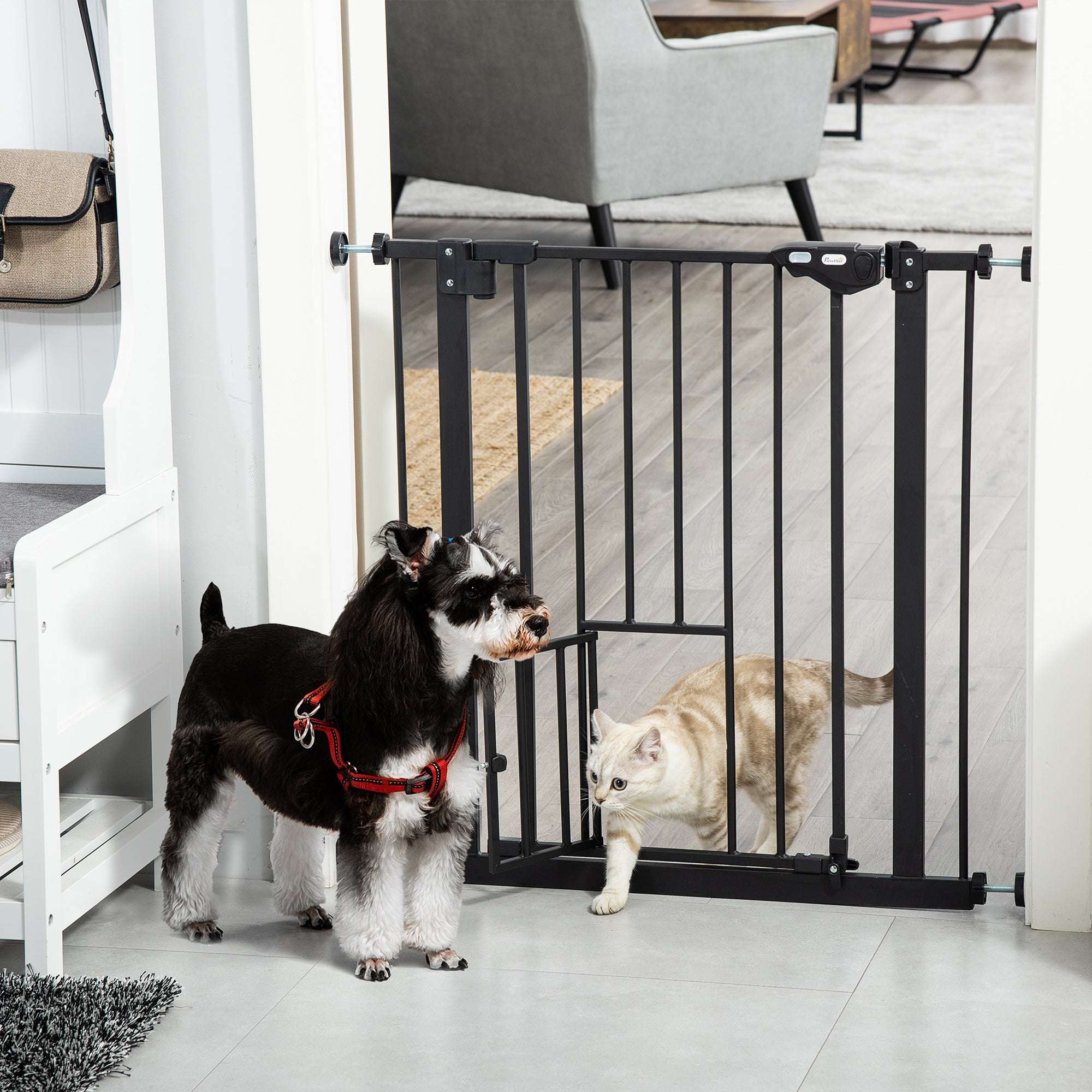 PawHut 30"H Dog Gate with Cat Door, Pet Gate with Small Door, Easy Open Indoor Dog Gates for Doorways, House, Stair, 29"-32" Long, Black