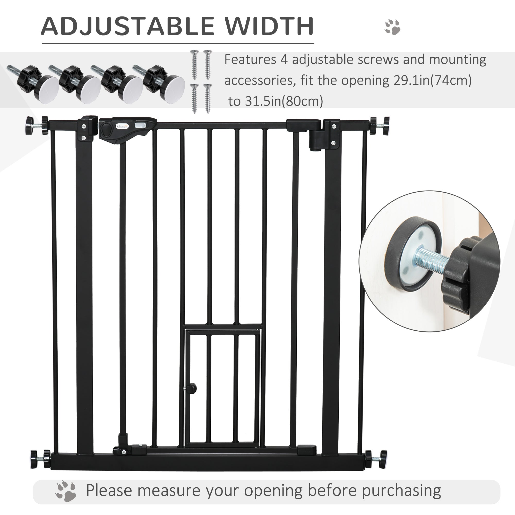 PawHut 30"H Dog Gate with Cat Door, Pet Gate with Small Door, Easy Open Indoor Dog Gates for Doorways, House, Stair, 29"-32" Long, Black