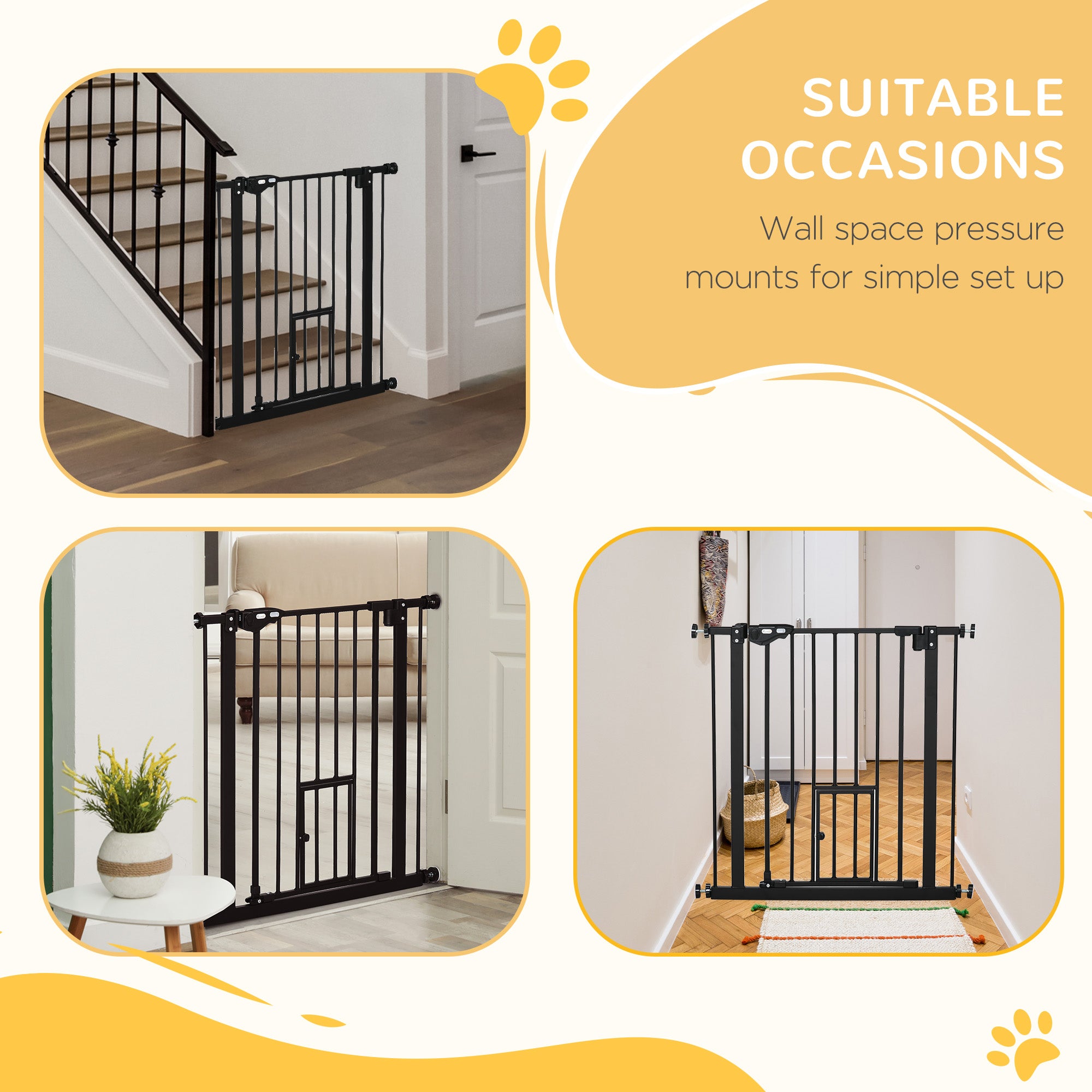PawHut 30"H Dog Gate with Cat Door, Pet Gate with Small Door, Easy Open Indoor Dog Gates for Doorways, House, Stair, 29"-32" Long, Black