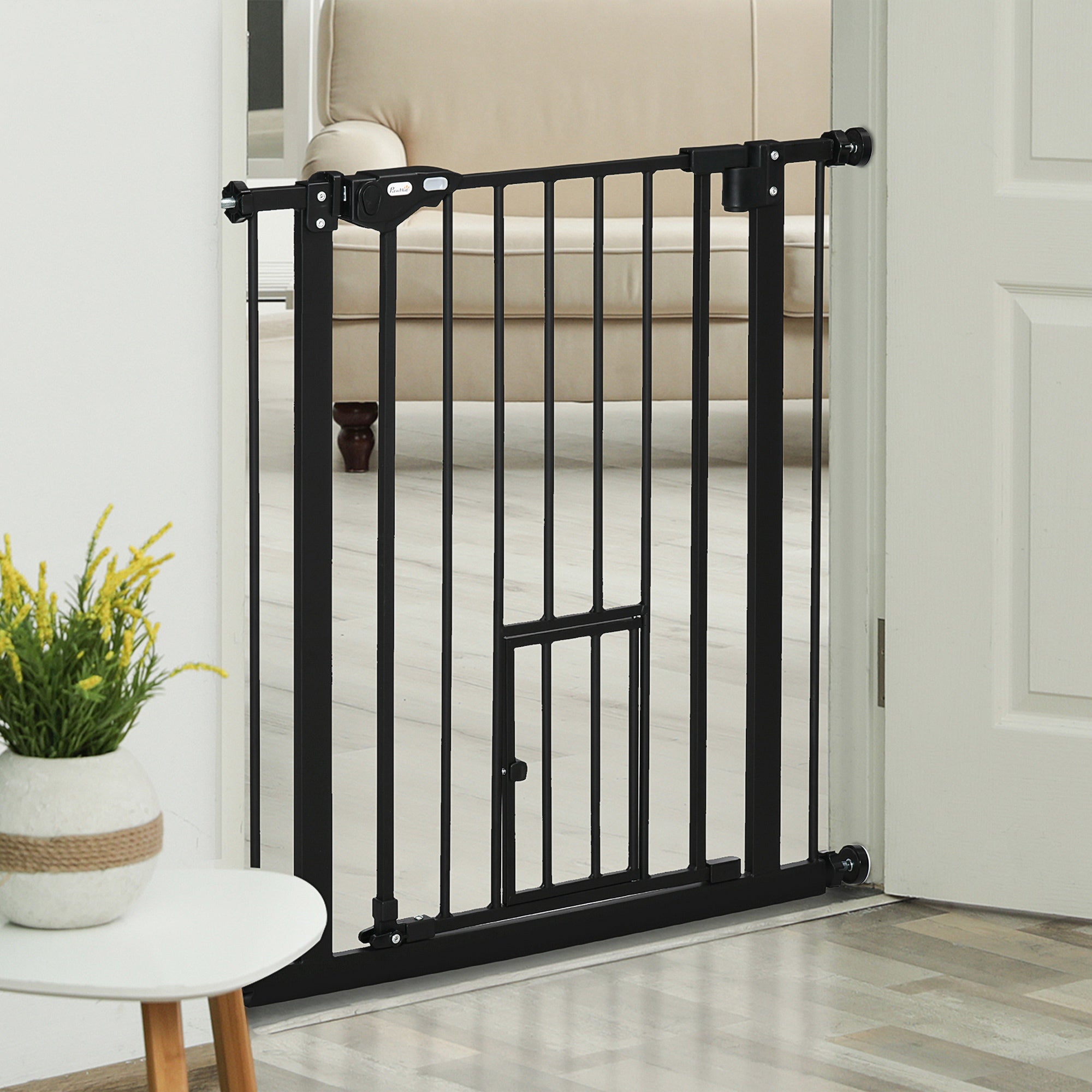 PawHut 30"H Dog Gate with Cat Door, Pet Gate with Small Door, Easy Open Indoor Dog Gates for Doorways, House, Stair, 29"-32" Long, Black