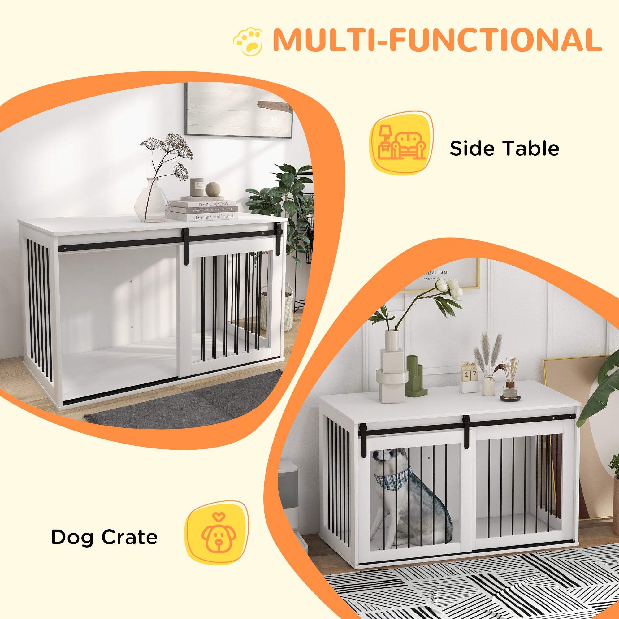 PawHut Dog Crate Furniture, 46.5" Dog Crate End Table Indoor Dog House for Extra Large Dogs, with Sliding Door, Lock, White