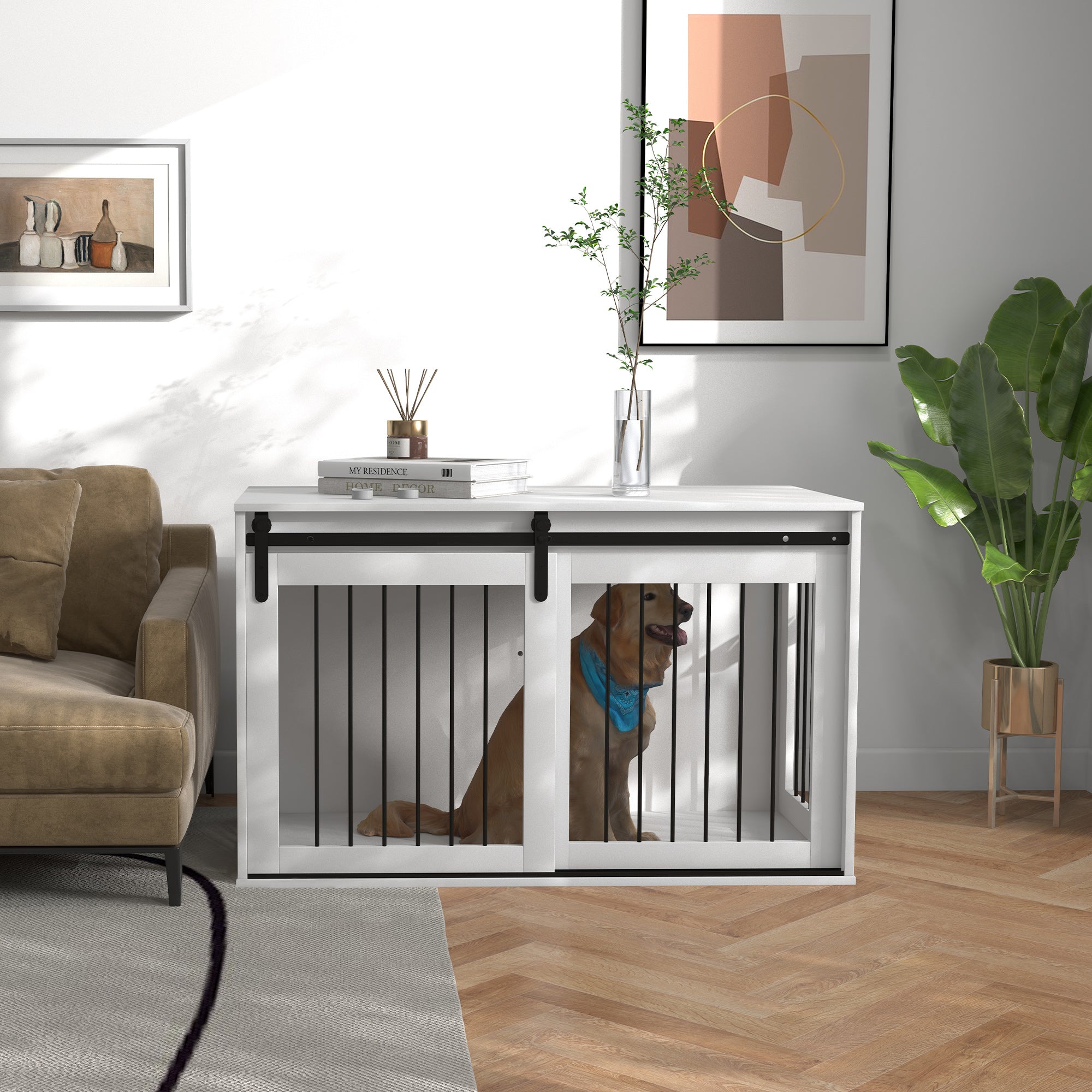 PawHut Dog Crate Furniture, 46.5" Dog Crate End Table Indoor Dog House for Extra Large Dogs, with Sliding Door, Lock, White