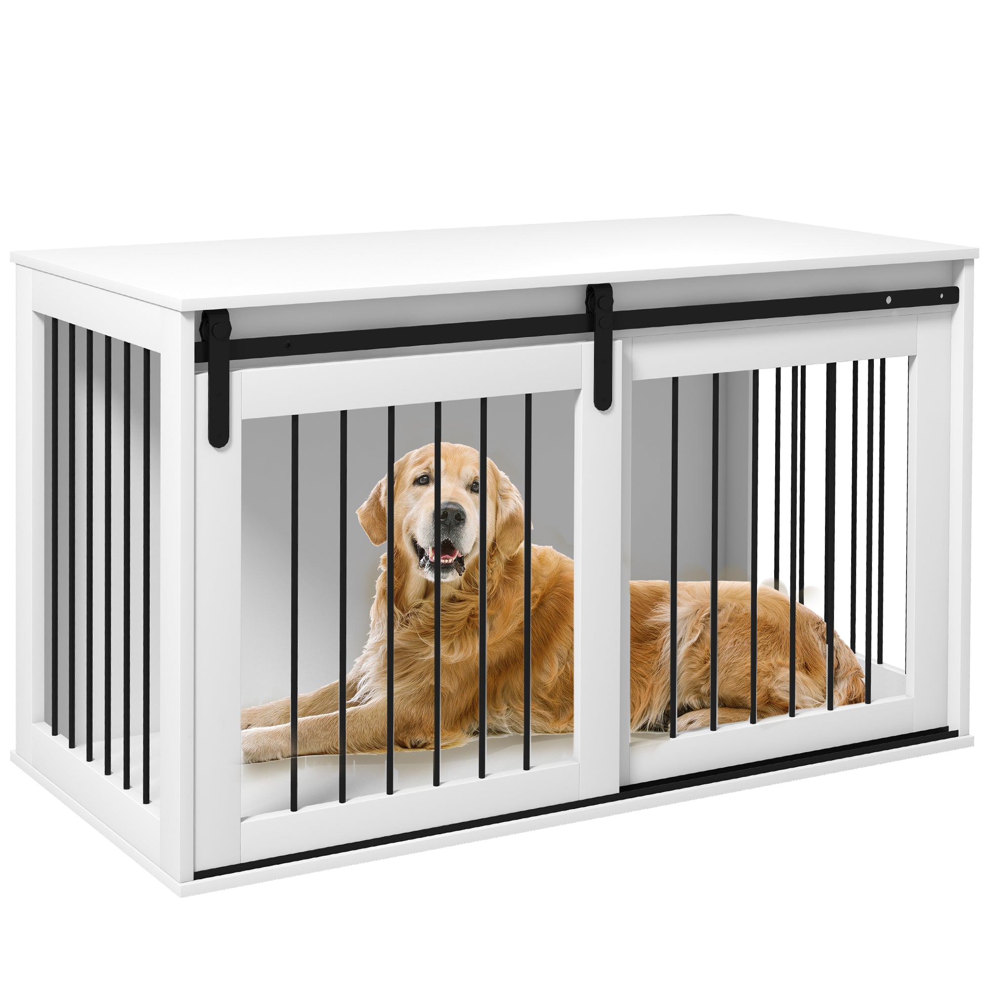 PawHut Dog Crate Furniture, 46.5" Dog Crate End Table Indoor Dog House for Extra Large Dogs, with Sliding Door, Lock, White