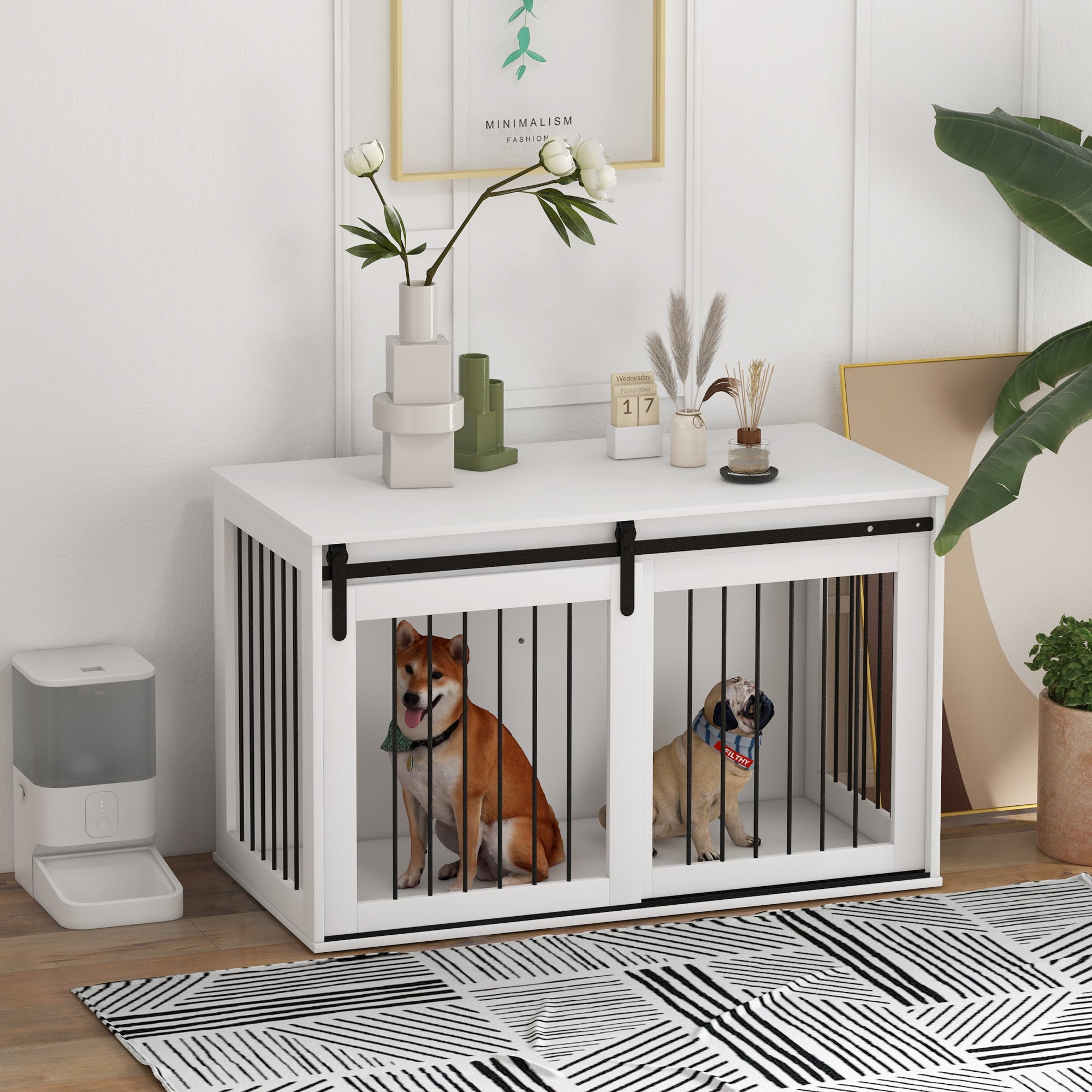 PawHut Dog Crate Furniture, 46.5" Dog Crate End Table Indoor Dog House for Extra Large Dogs, with Sliding Door, Lock, White