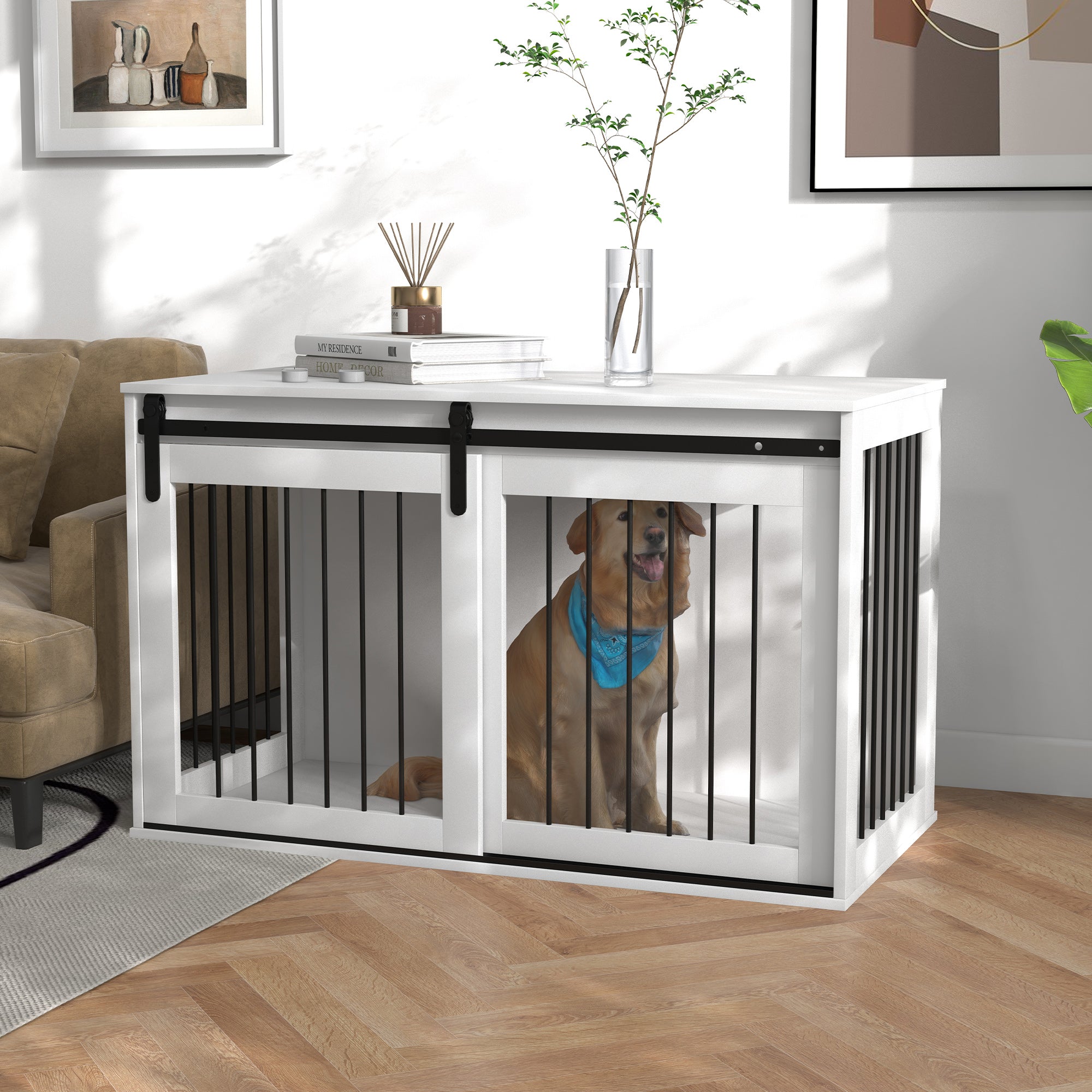 PawHut Dog Crate Furniture, 46.5" Dog Crate End Table Indoor Dog House for Extra Large Dogs, with Sliding Door, Lock, White