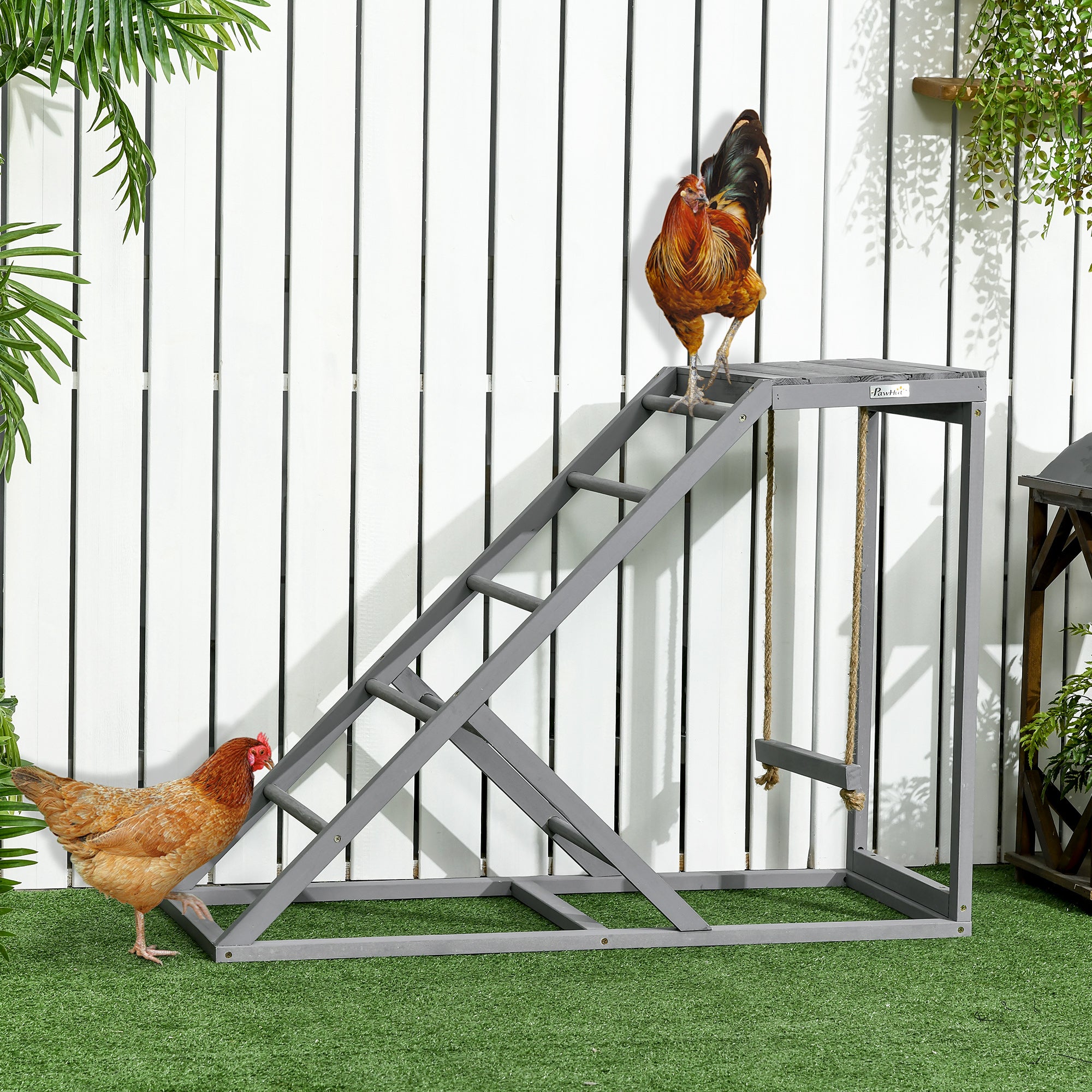 PawHut Chicken Activity Play Set with Swing, Chicken Coop Toy with Ladder, Platform for 2 Chickens, Hens, Grey