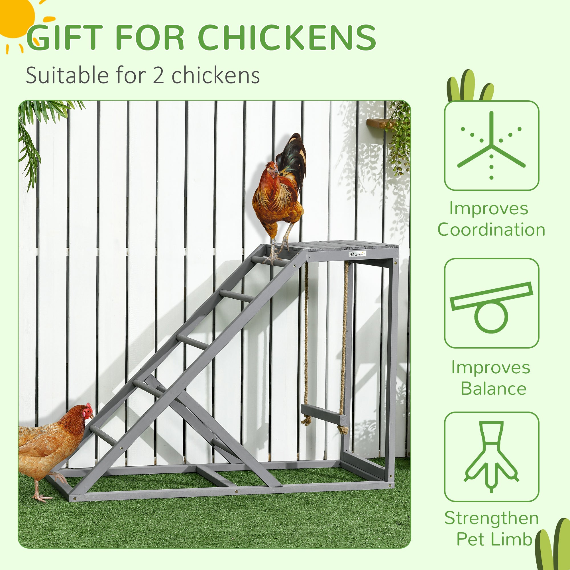 PawHut Chicken Activity Play Set with Swing, Chicken Coop Toy with Ladder, Platform for 2 Chickens, Hens, Grey