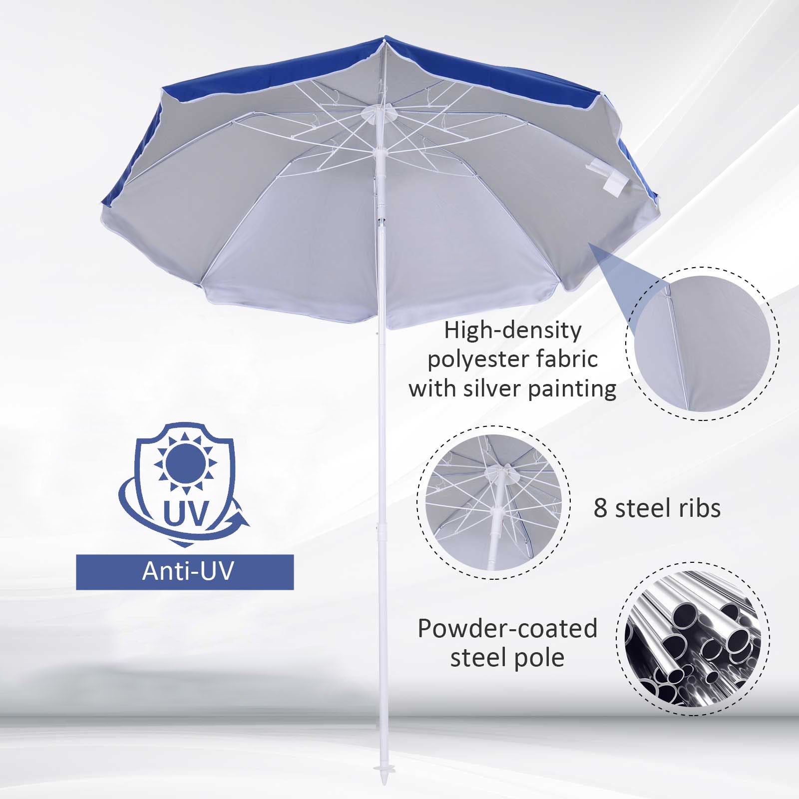 Outsunny 6.7ft Beach Umbrella with Push Button Tilt, Ruffled Outdoor Umbrella with Carry Bag and 8 Ribs, Blue