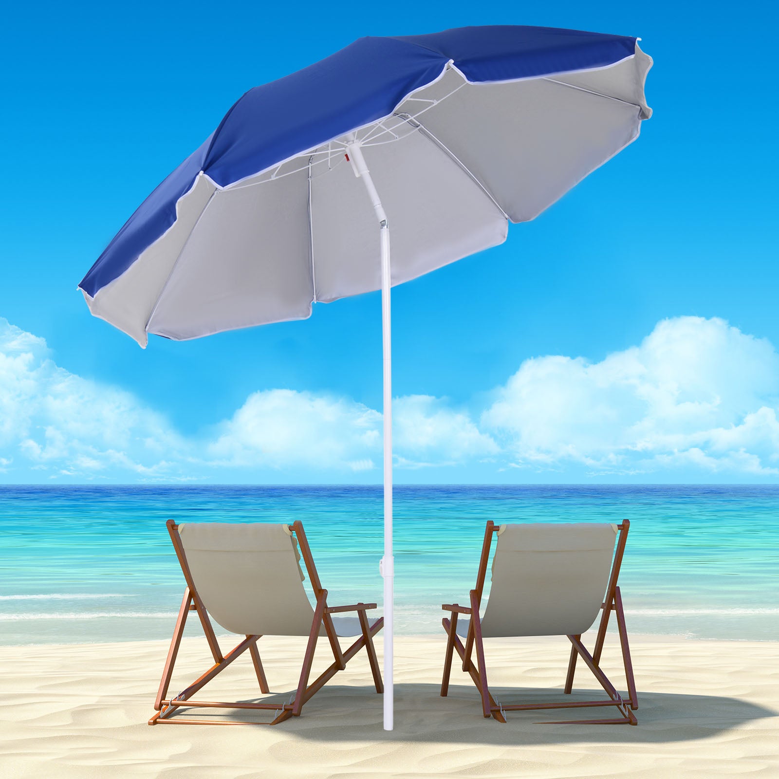 Outsunny 6.7ft Beach Umbrella with Push Button Tilt, Ruffled Outdoor Umbrella with Carry Bag and 8 Ribs, Blue