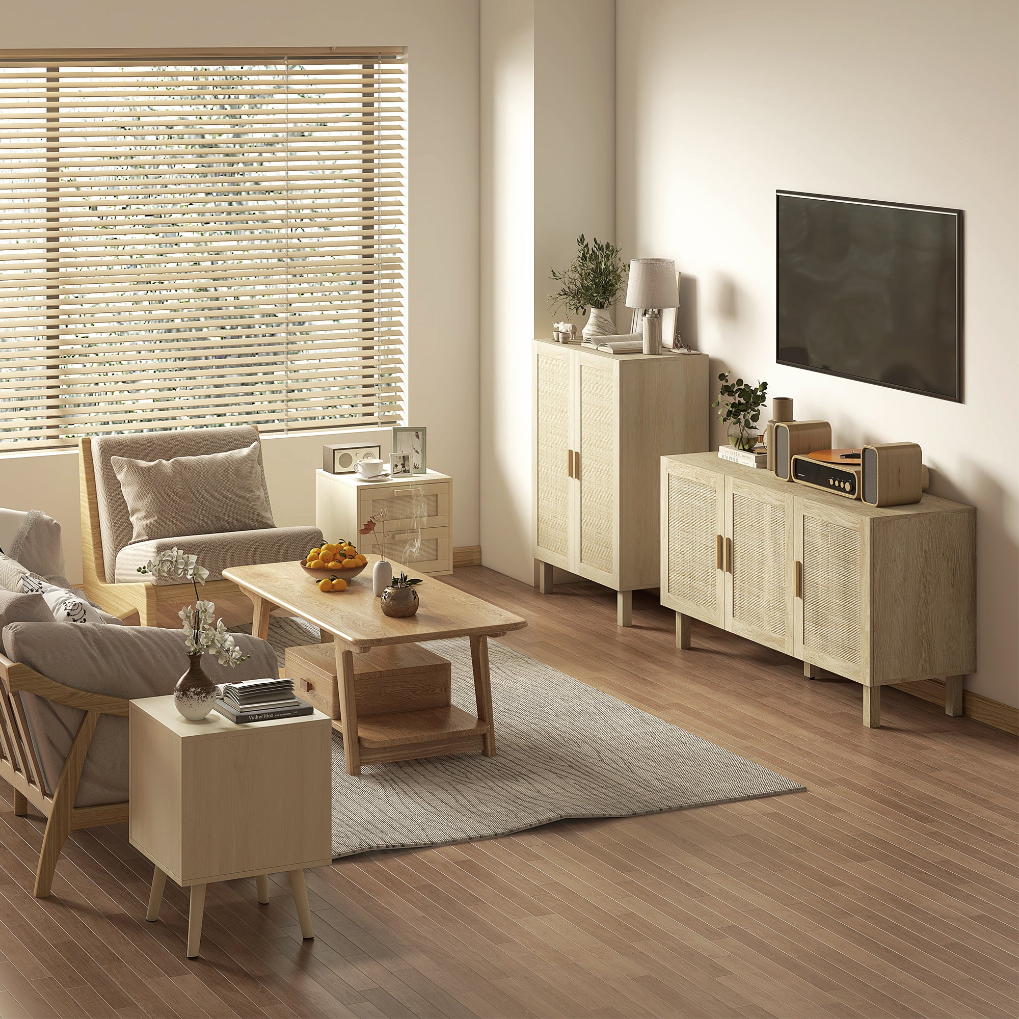 HOMCOM Boho Sideboard, Buffet Cabinet with Storage, 53" Coffee Bar Cabinet with Rattan Doors and Adjustable Shelves, Natural